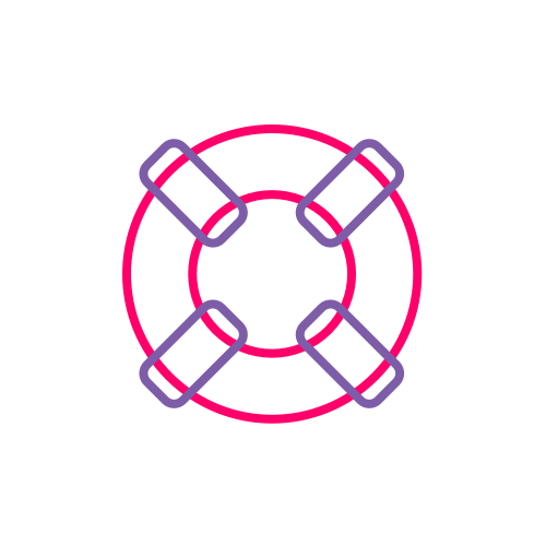 Een blauw en rood pictogram met een reddingsboei die hulp/ondersteuning aangeeft