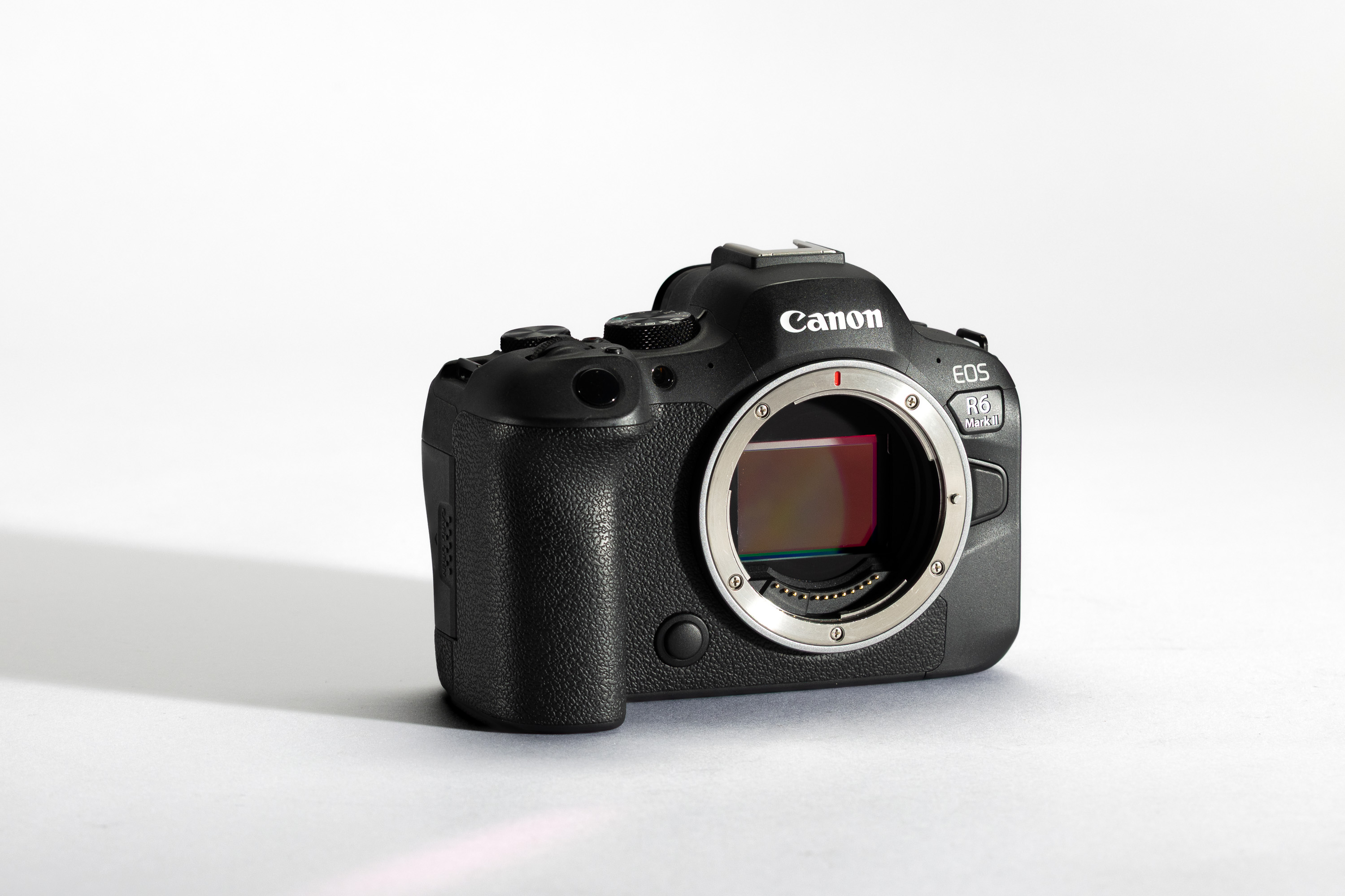 A used Canon EO6 Mark II on a white background. Its shadow can be seen behind it.