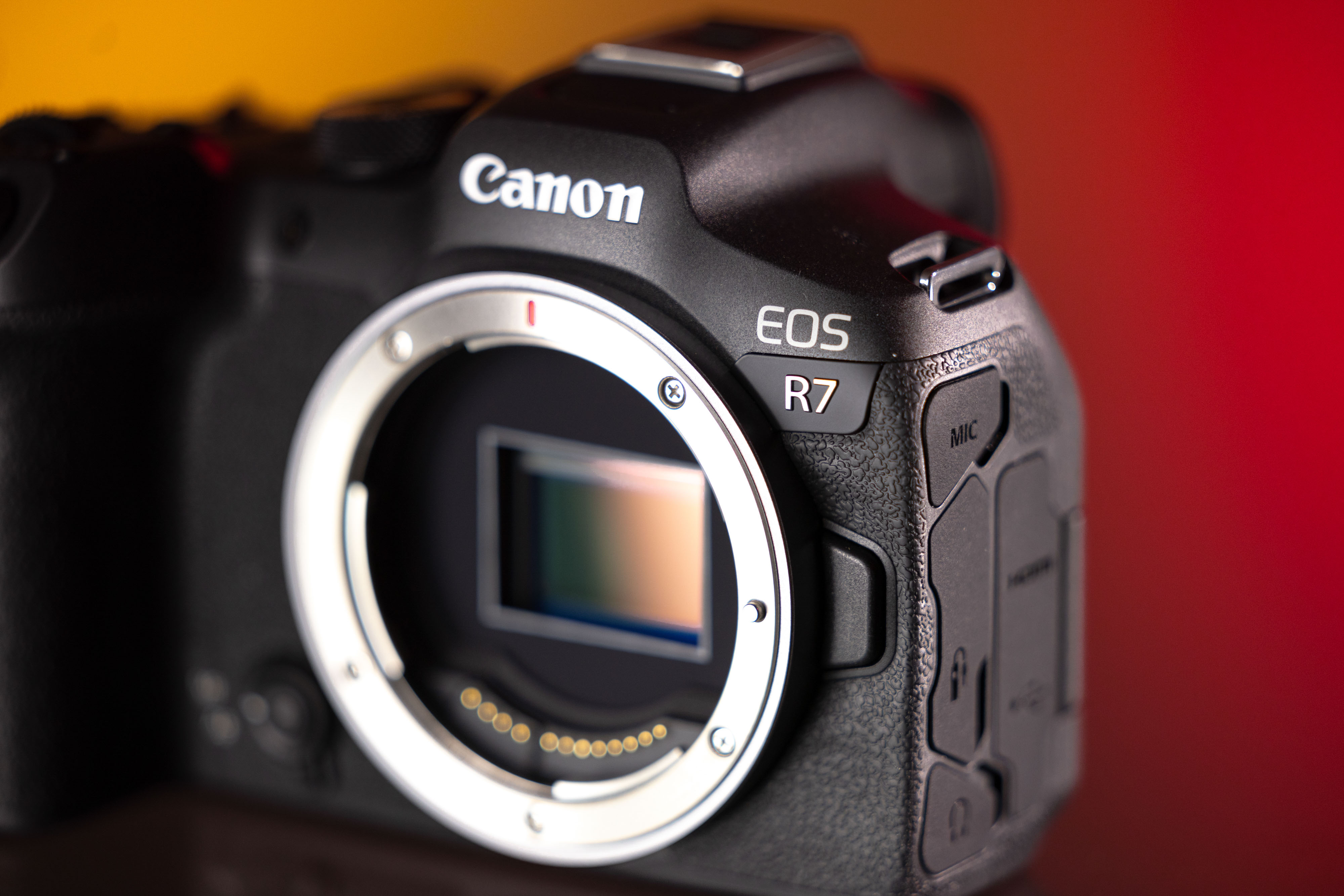 Close-up of a used Canon EOS R7