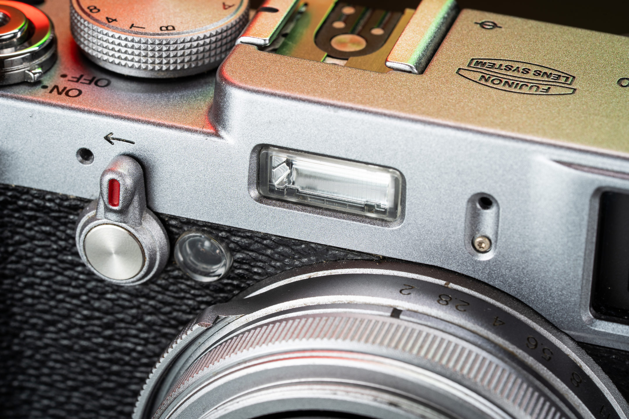 A close-up of the flash on the Fujifilm X100