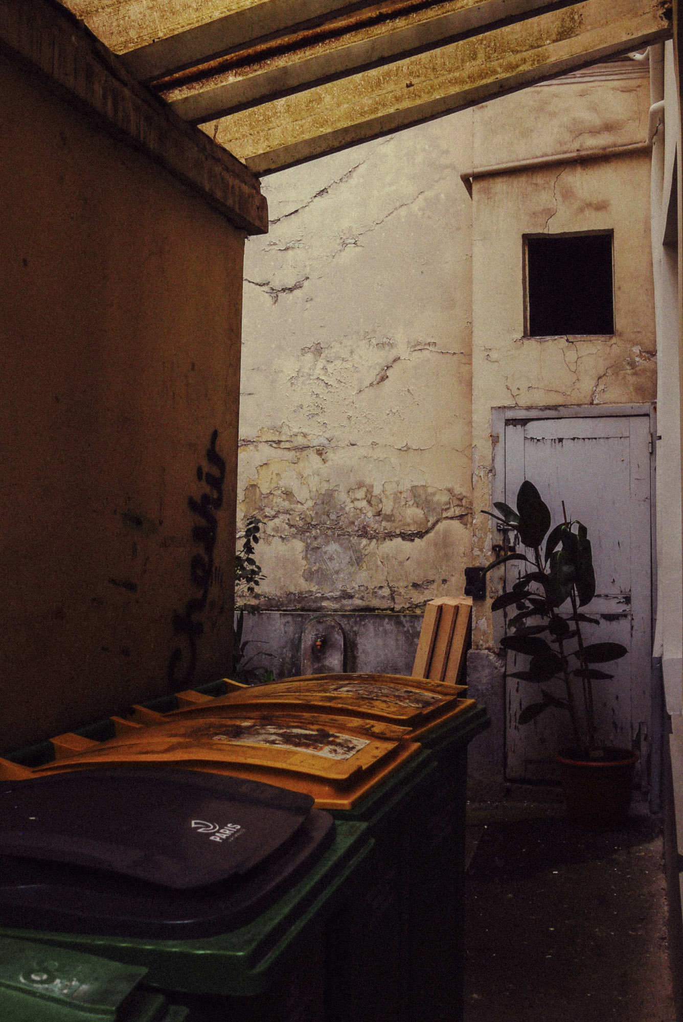 Streetaufnahme von Recyclingtonnen, die umgeben von Wänden mit abblättlerndem Putz, einer geschlossenen Tür und einer Topfpflanze in einem kleinen Pariser Innenhof stehen und eine gewisse Ruhe ausstrahlen. Aufgenommen von Wesley Verhoeve mit einer Panasonic GF1.