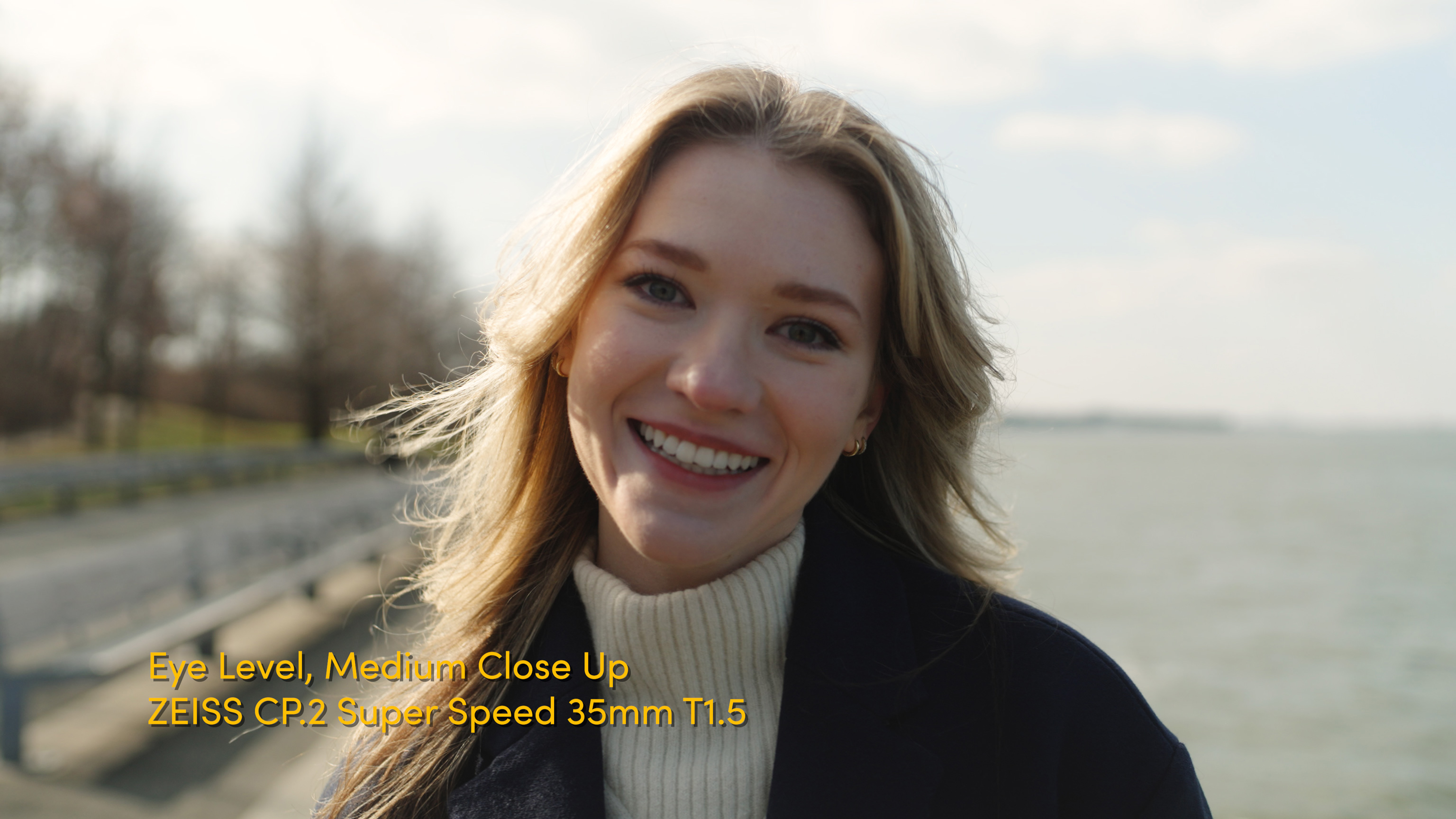 Example of an eye level shot of woman looking directly at the camera