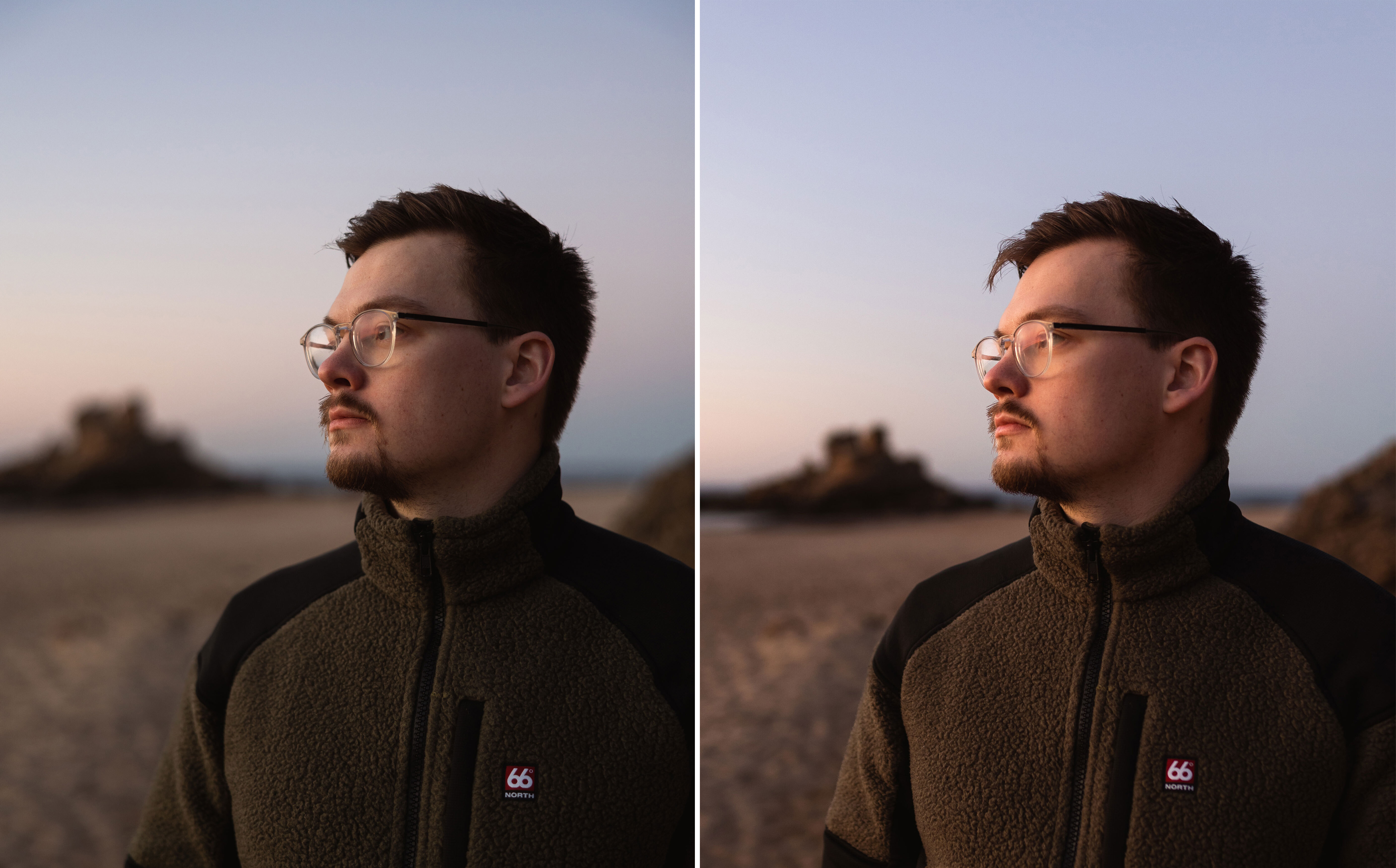Two pictures side by side showing the same subject: Portrait of Jonas Hanspach from the side

