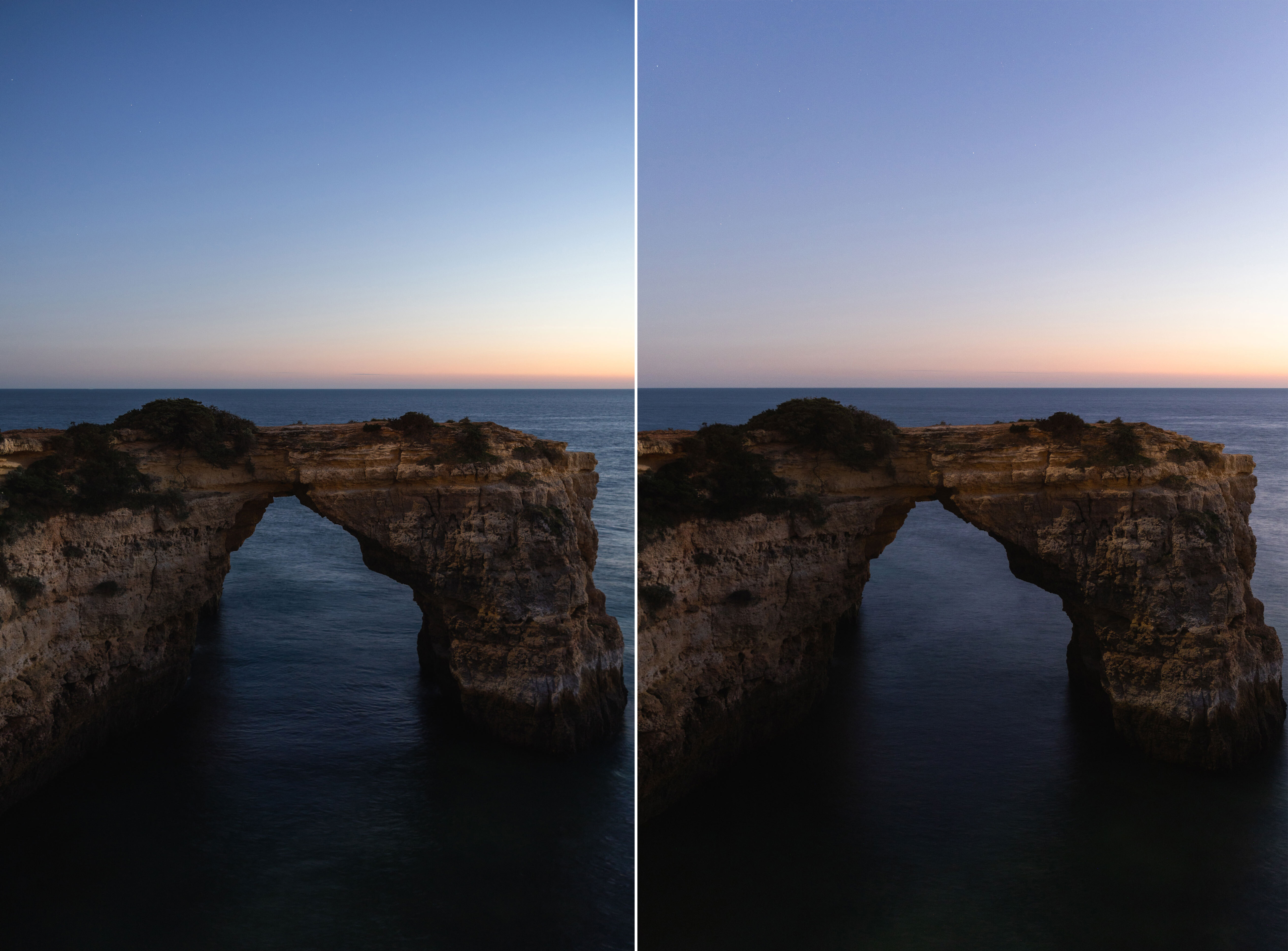 Two pictures side by side showing the same subject: an arch of rocks in the sea at blue hour

