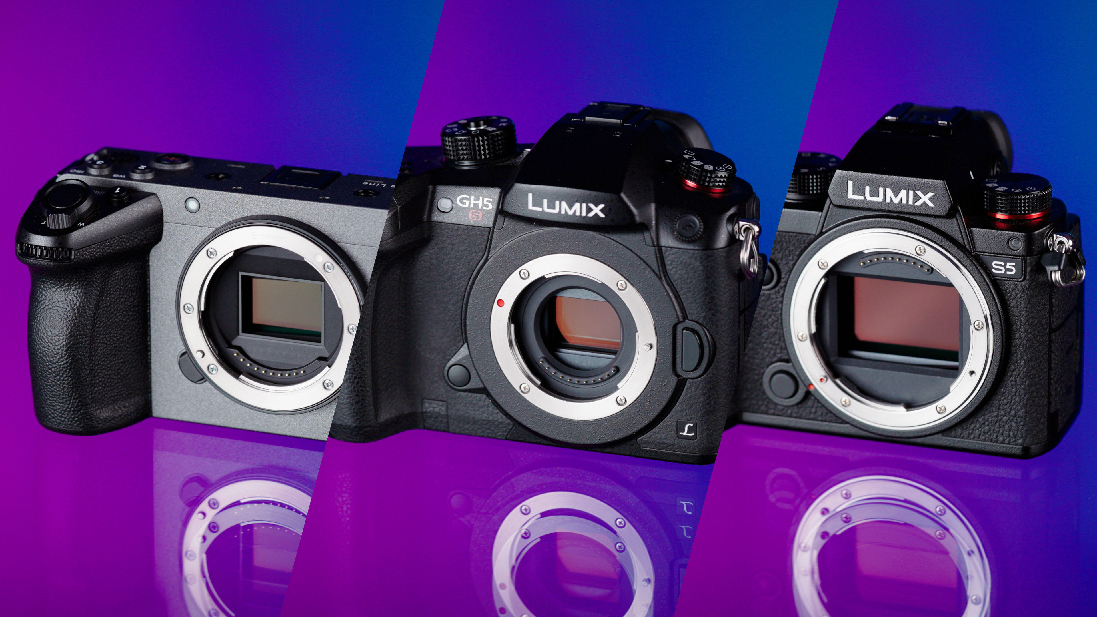 Une image composite des Sony FX3, Panasonic GH5S et Panasonic S5.