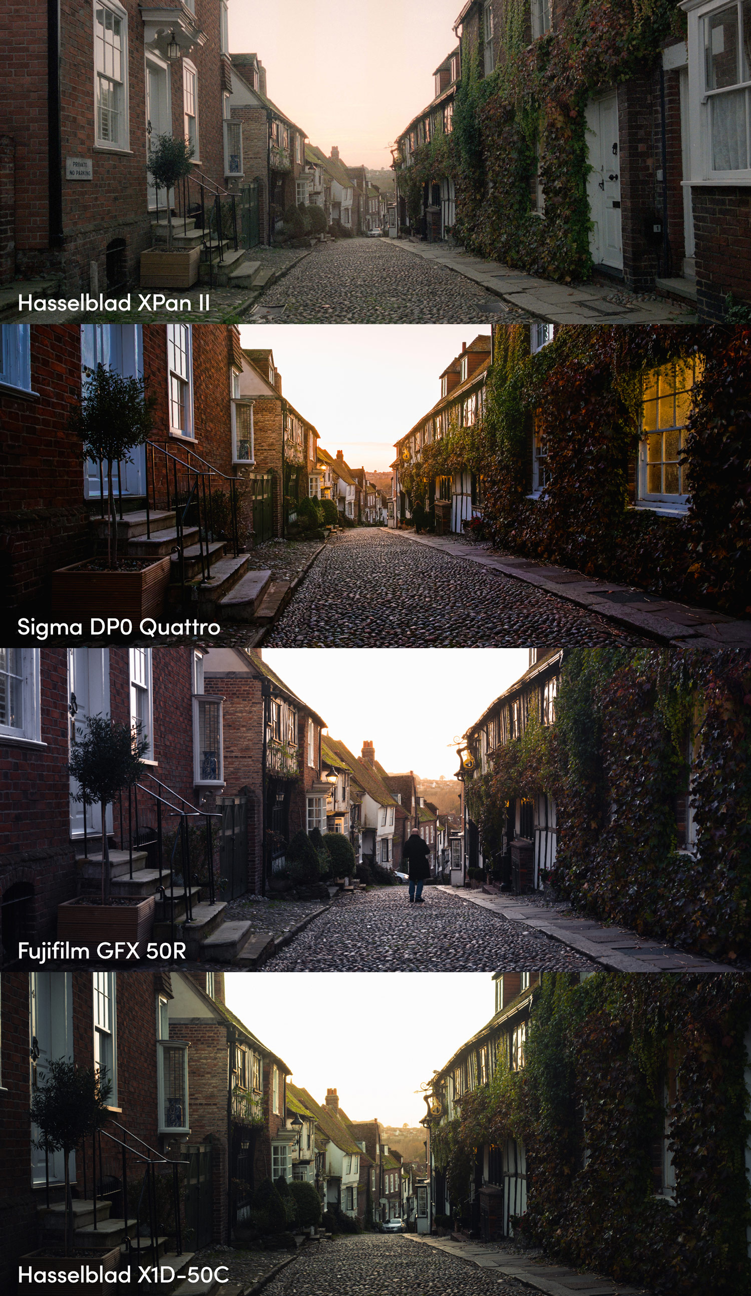 Ein zusammengesetztes Bild aus vier Fotos der Mermaid Street in Rye, aufgenommen mit der Hasselblad XPan II, Sigma DP0 Quattro, Fujifilm GFX 50R und Hasselblad X1D-50C