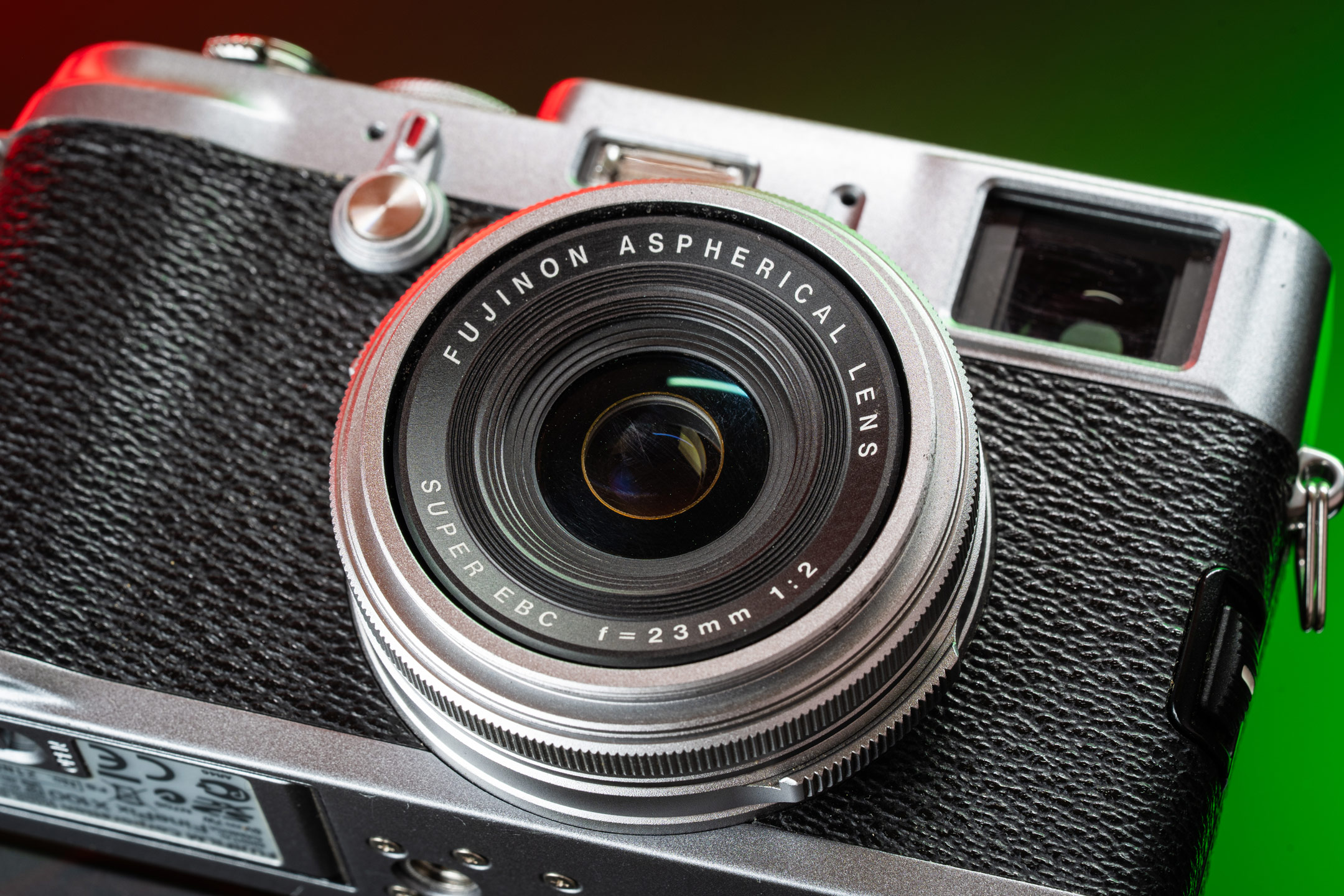 A close-up of the 23mm lens on the Fujifilm X100