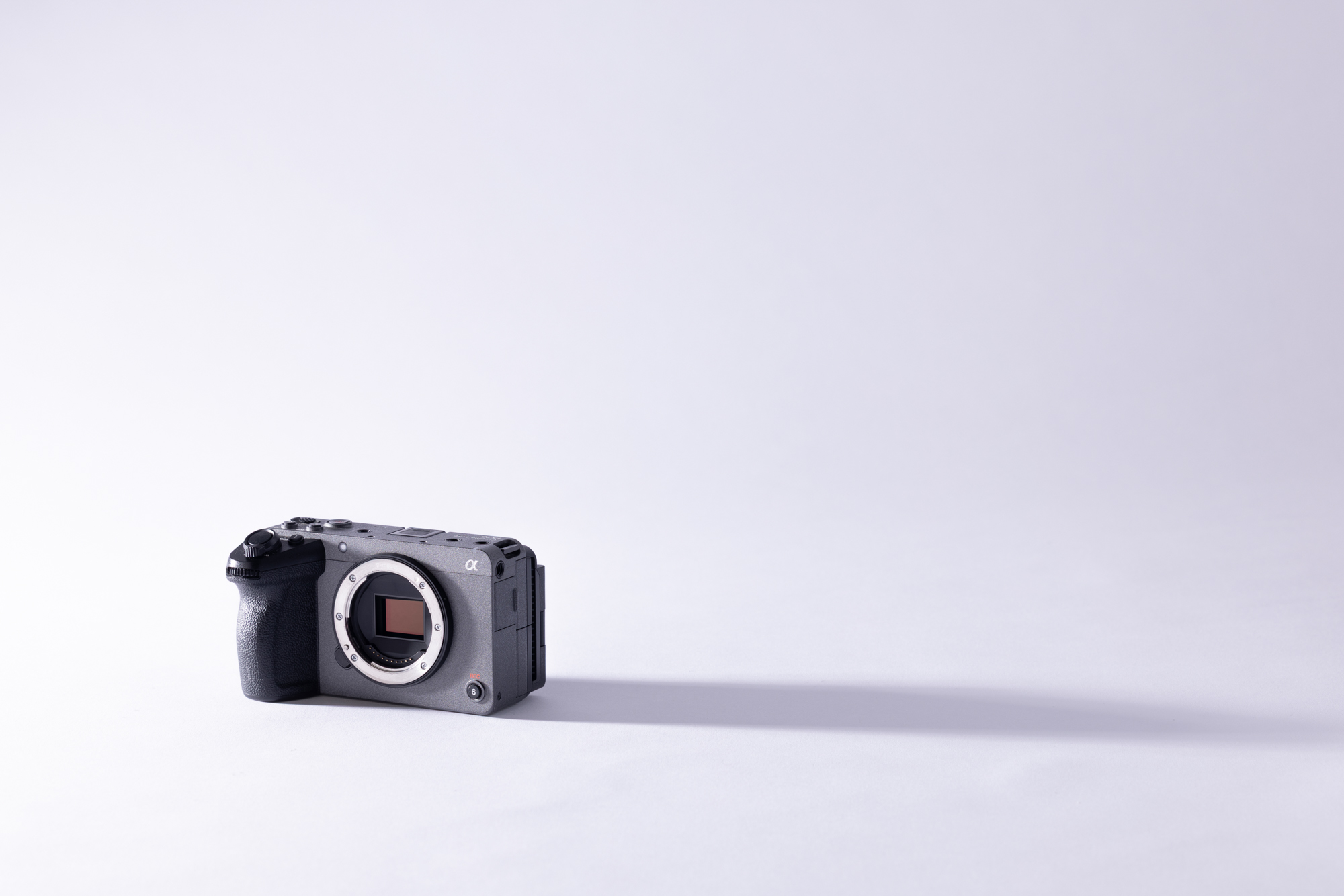 The front of the Sony FX30, a Sony Cinema Line APS-C cinema camera, without a lens.