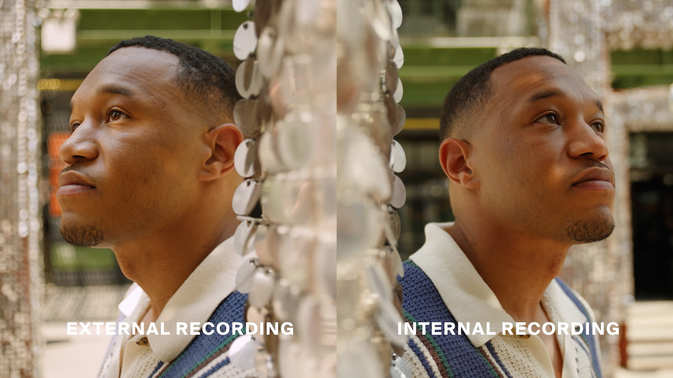 External vs. internal recording split-screen of person in white and blue shirt