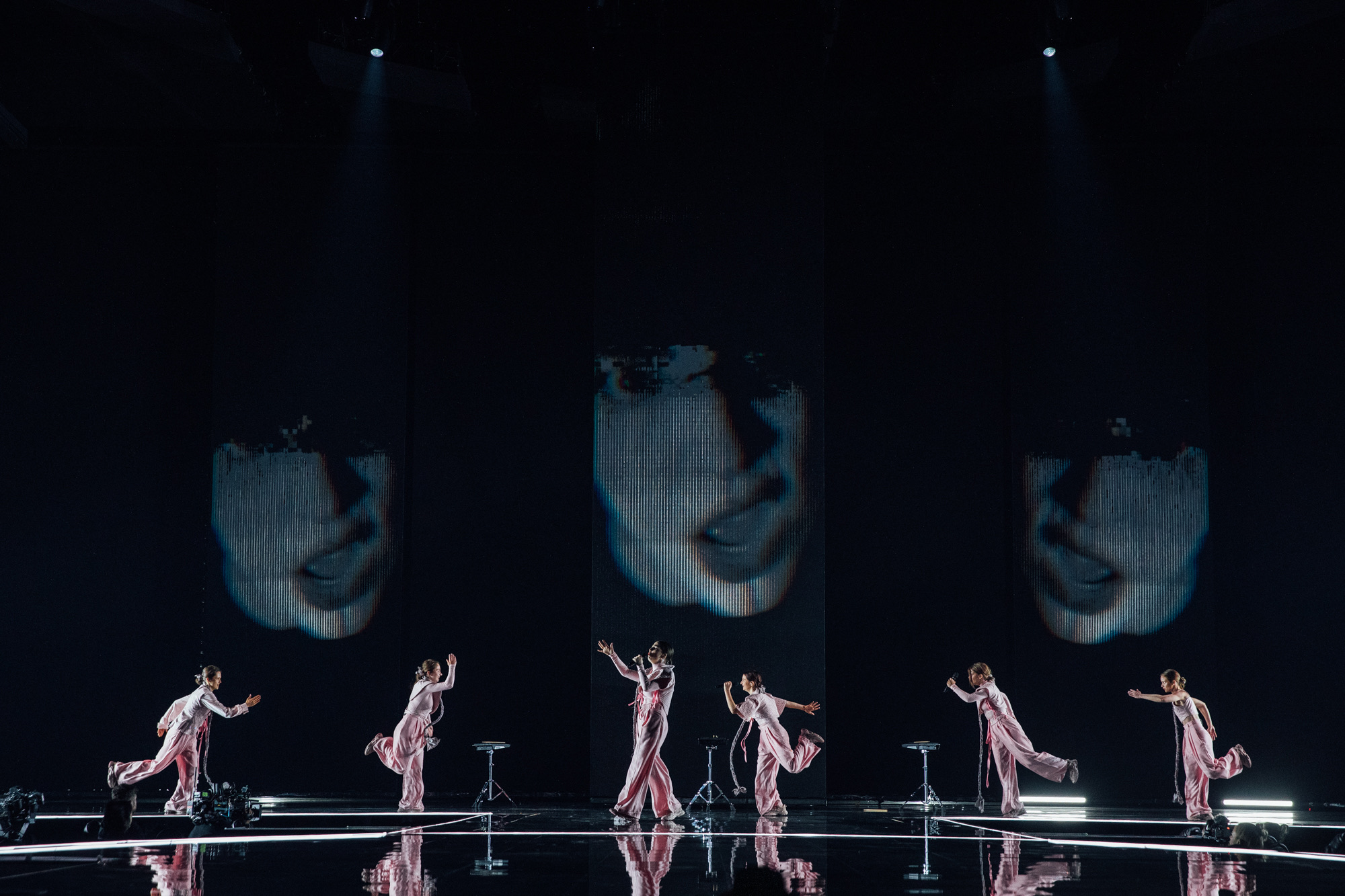 Six performers on stage at Eurovision 2023. Shot by Corinne Cumming with the Canon EOS 5D Mark IV.