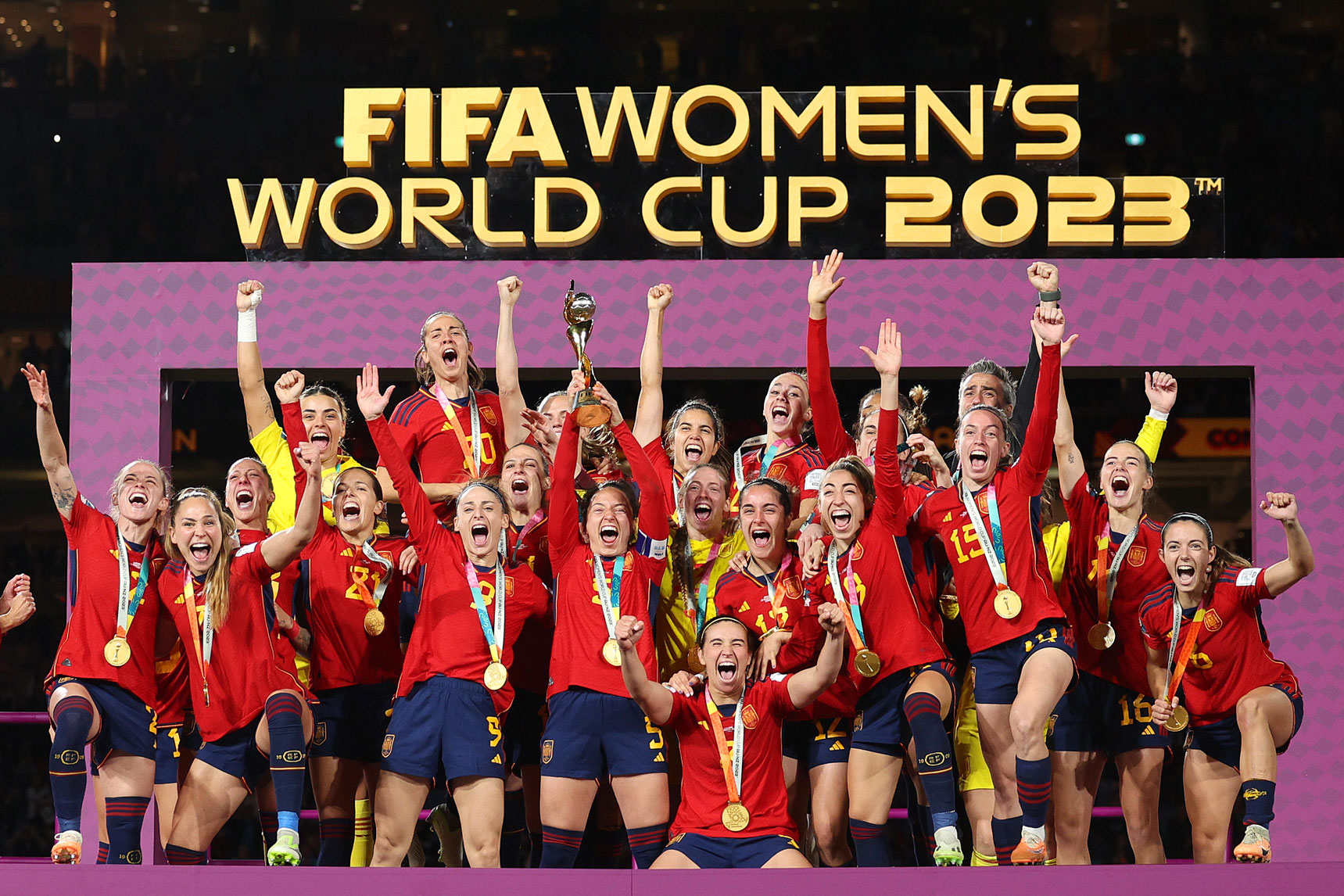 Spain Women’s National Football Team celebrates their victory following the 2023 FIFA Women’s World Cup final match between Spain and England, photo by Elsa Garrison on a Canon EOS R3.