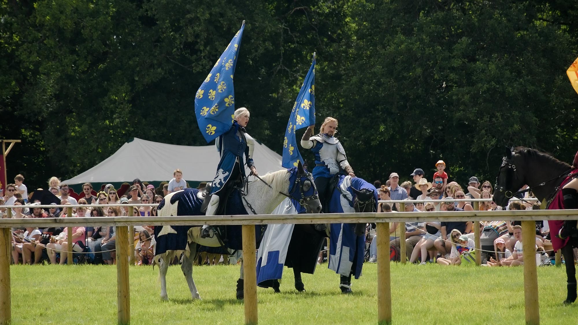 Two people on horseback at a medieval festival, both holding blue flags with emblems on them. Spectators can be seen in the background.