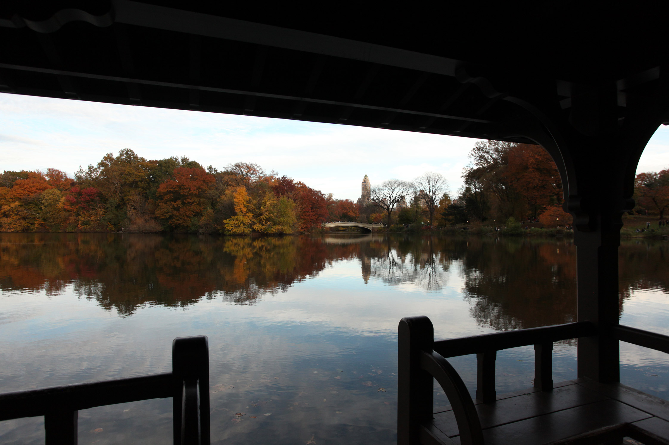 Image of a lake with the Bow Bridge and reflections during fall in New York City’s Central Park, photo by Berta Amelinaite.