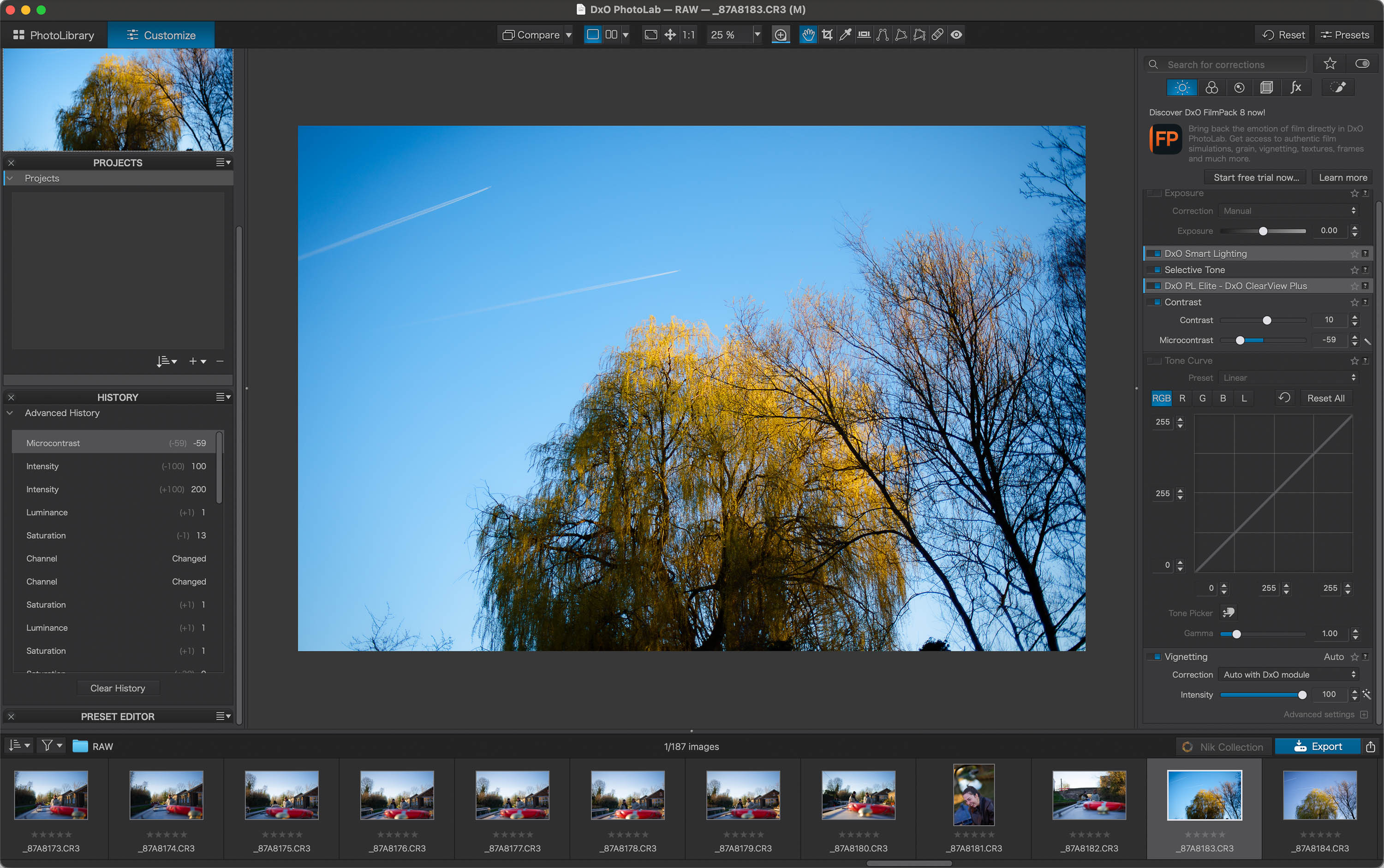 Screenshot der Bedienoberfläche von DxO PhotoLab bei der Bearbeitung eines von Connor Redmond aufgenommenen Fotos eines Baums.