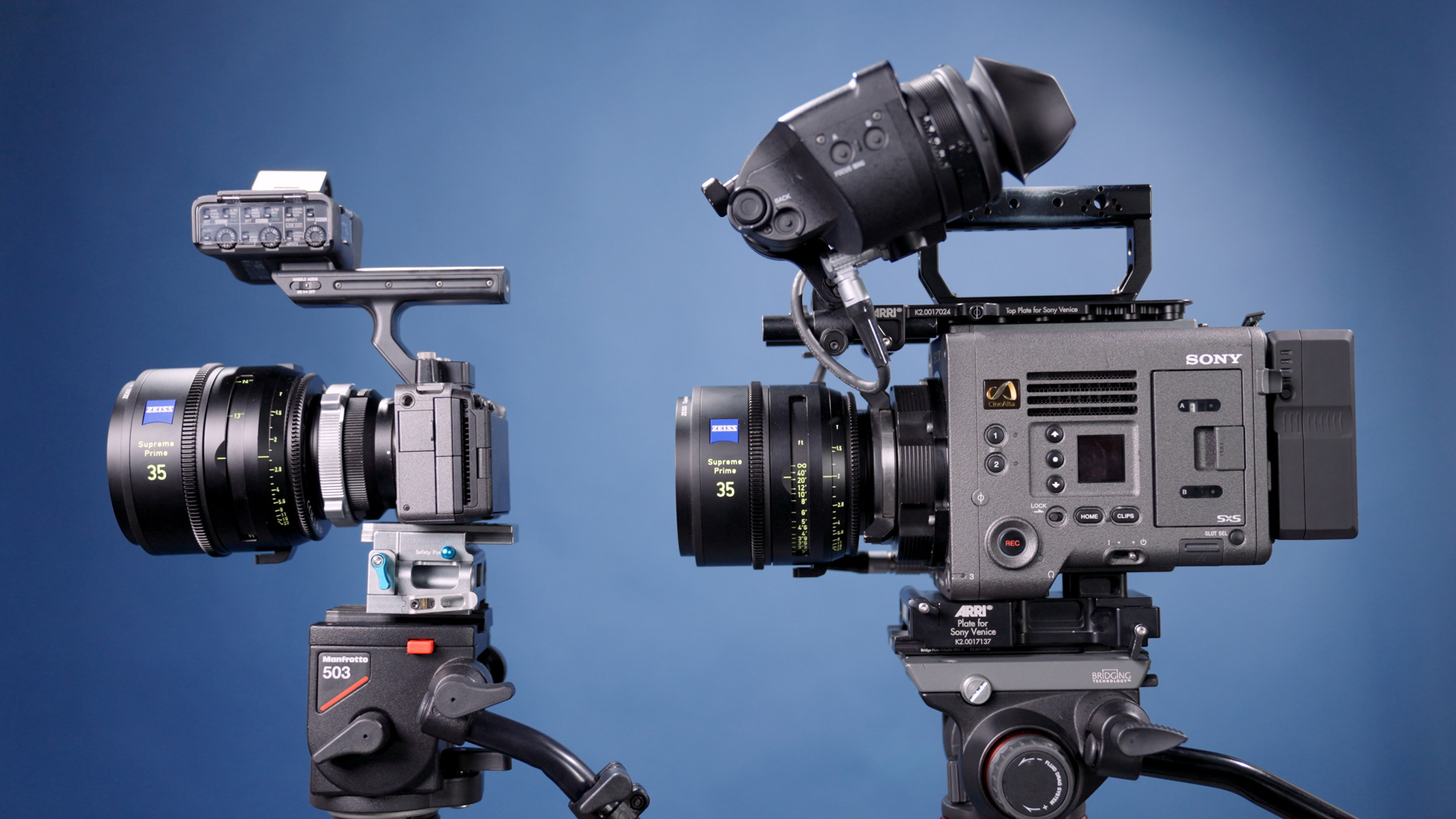 Fotocamere Sony FX3 e Sony VENICE su treppiedi, davanti a un fondale blu