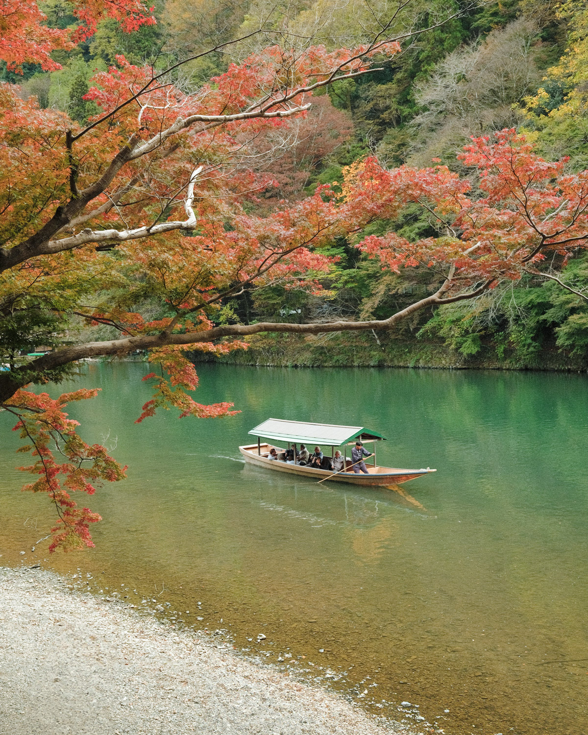 Ein Boot mit Passagieren auf dem Katzura Fluss in Kyoto, aufgenommen hinter einem Baum mit herbstlich gefärbten Blättern von Michael Schulz (Berlinstagram) mit einer Fujifilm X100V.