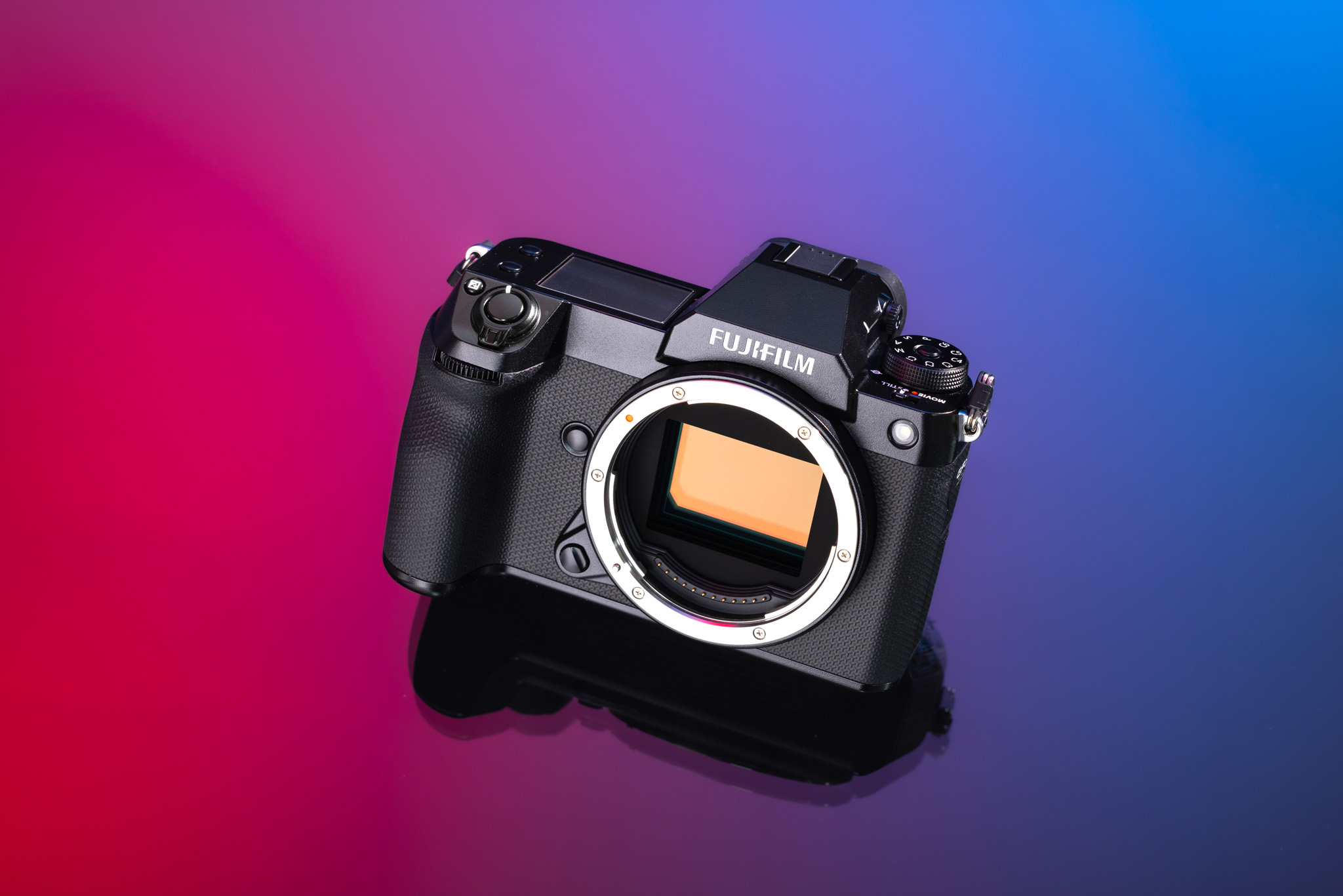 
Fujifilm GFX 100S II on a pink and blue background


