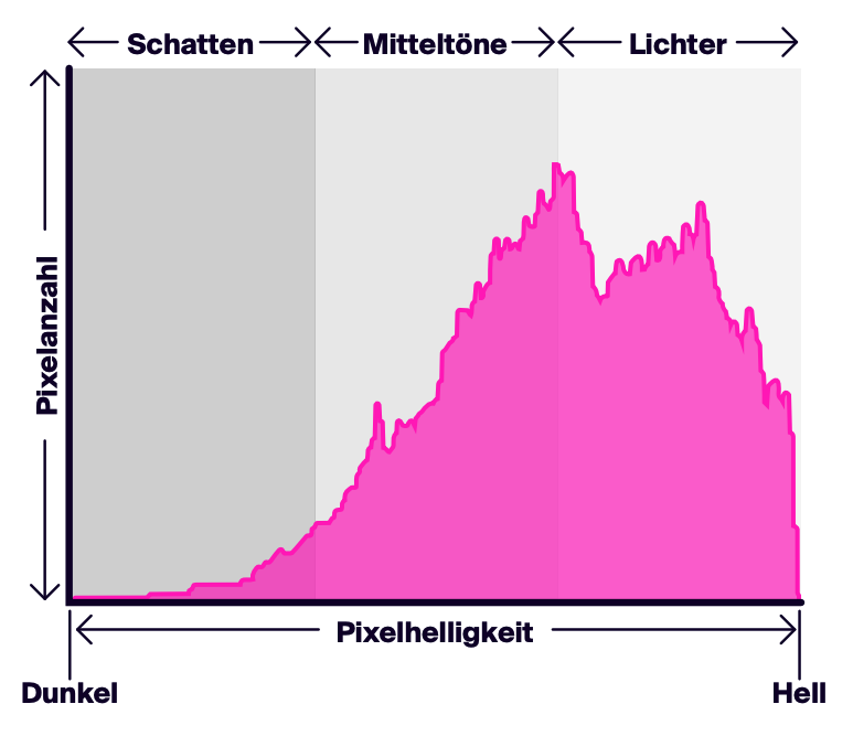 Infografik, die erklärt, wie man ein fotografisches Histogramm liest.