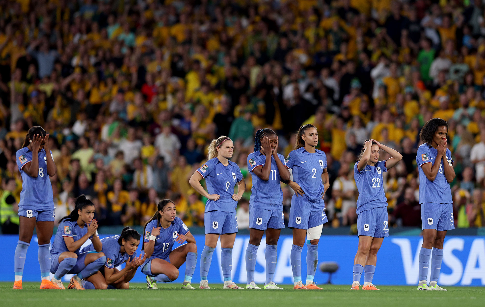France players react to the team's defeat after the penalty shoot out during the FIFA Women's World Cup Australia & New Zealand 2023 quarterfinal match between Australia and France. Photo by Elsa Garrison on a Canon EOS R3.
