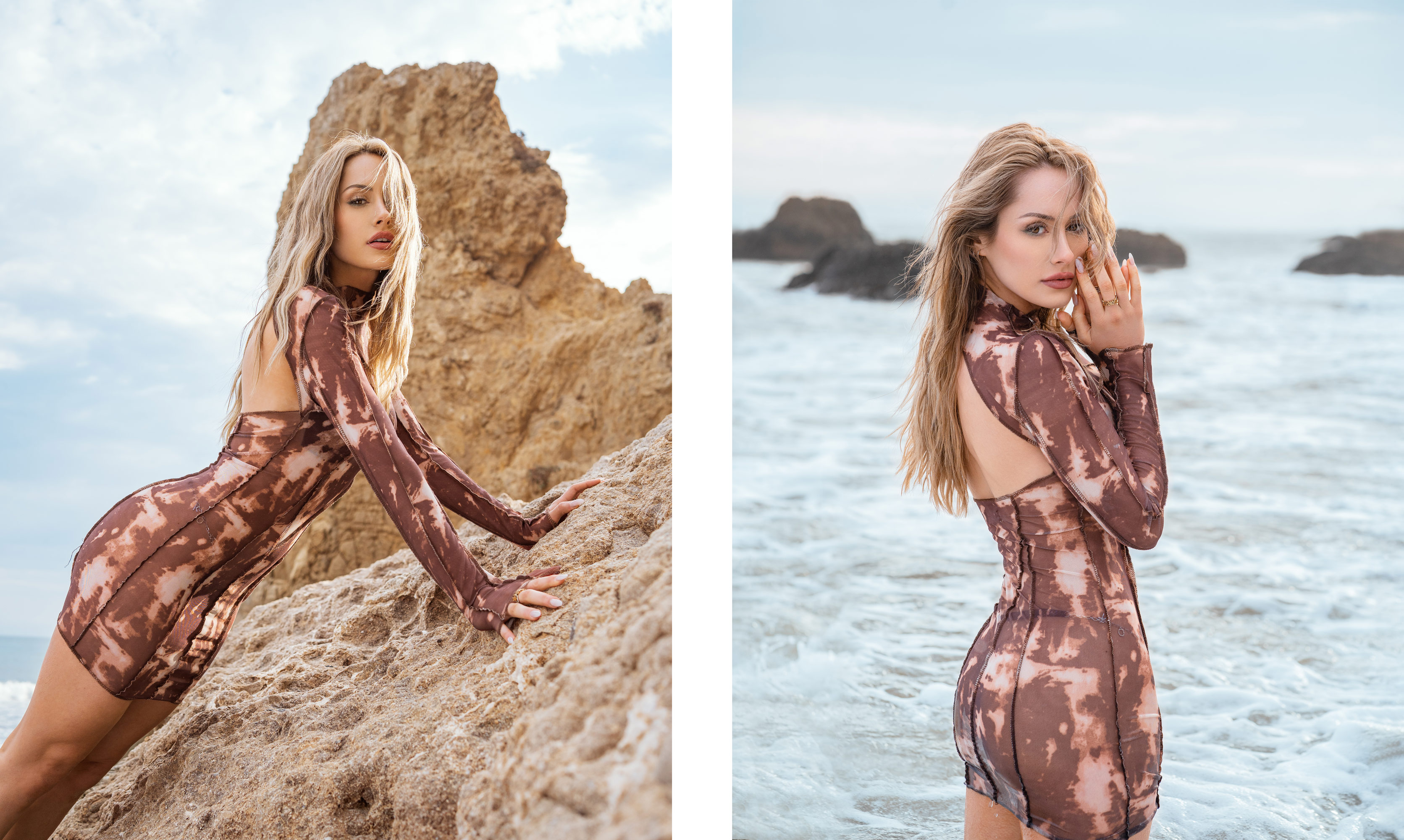 Fashion photography of blonde woman posing on unique beach rocks.

