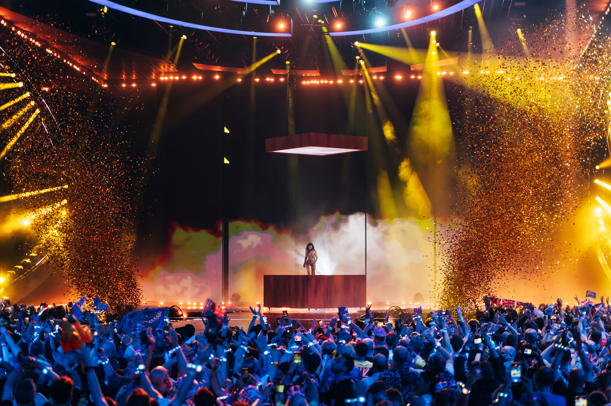 Loreen on stage at Eurovision 2023, surrounded by confetti, shot by Sarah Louise Bennett with the Nikon Z6 II.