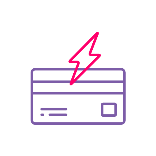 Purple and pink icon showing a credit card with a lightning bolt