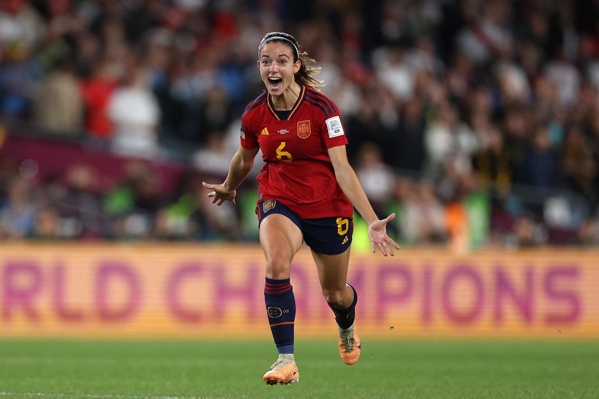 Aitana Bonmati of Spain celebrates her teams victory after the 2023 FIFA Women’s World Cup final match between Spain and England. Photo by Elsa Garrison on a Canon EOS R3.