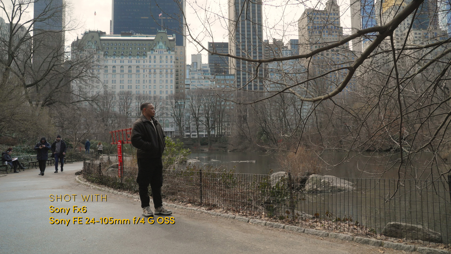 Wide shot of a person walking through a park. Taken with Sony FX6 and Sony FE 24–105mm f/4 G OSS