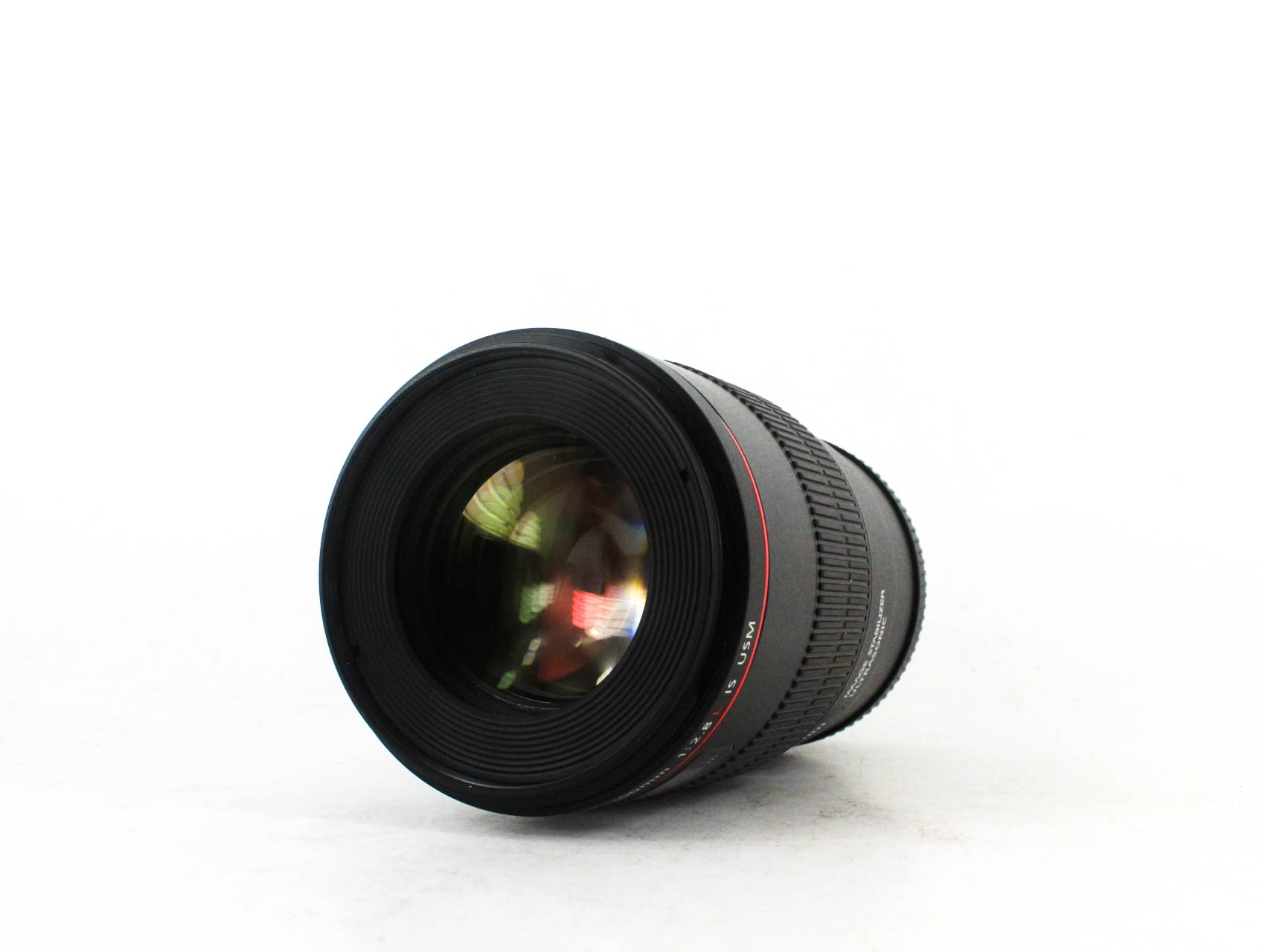 Image of a Canon EF 100mm f/2.8 L Macro IS USM lens on a white background.