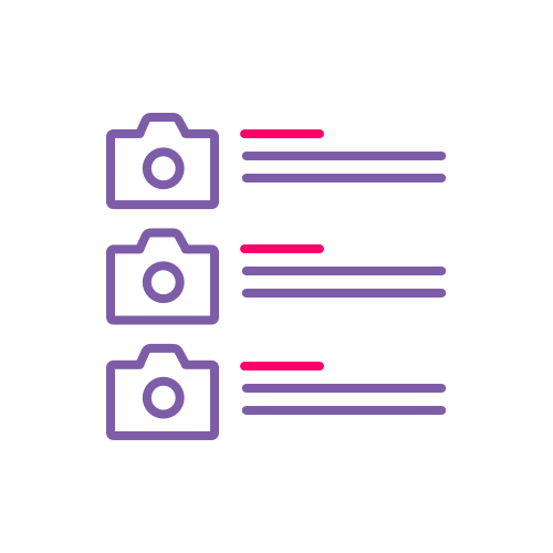 A blue and red icon showing a list of three cameras with listing information