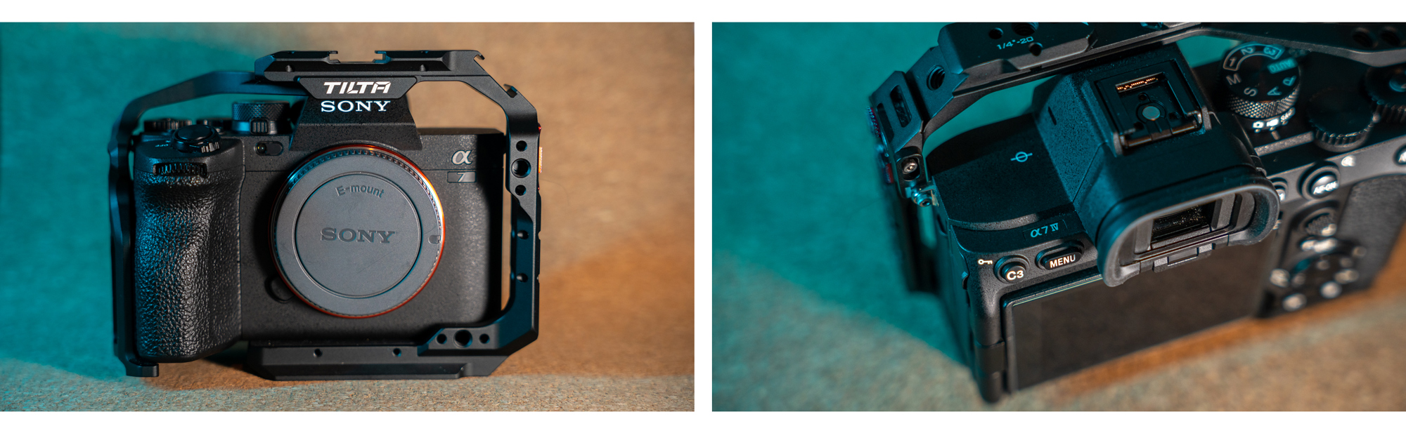 Deux images : Vue de face du Sony A7 IV avec une cage de caméra Tilta à gauche, vue de dessus à droite.

