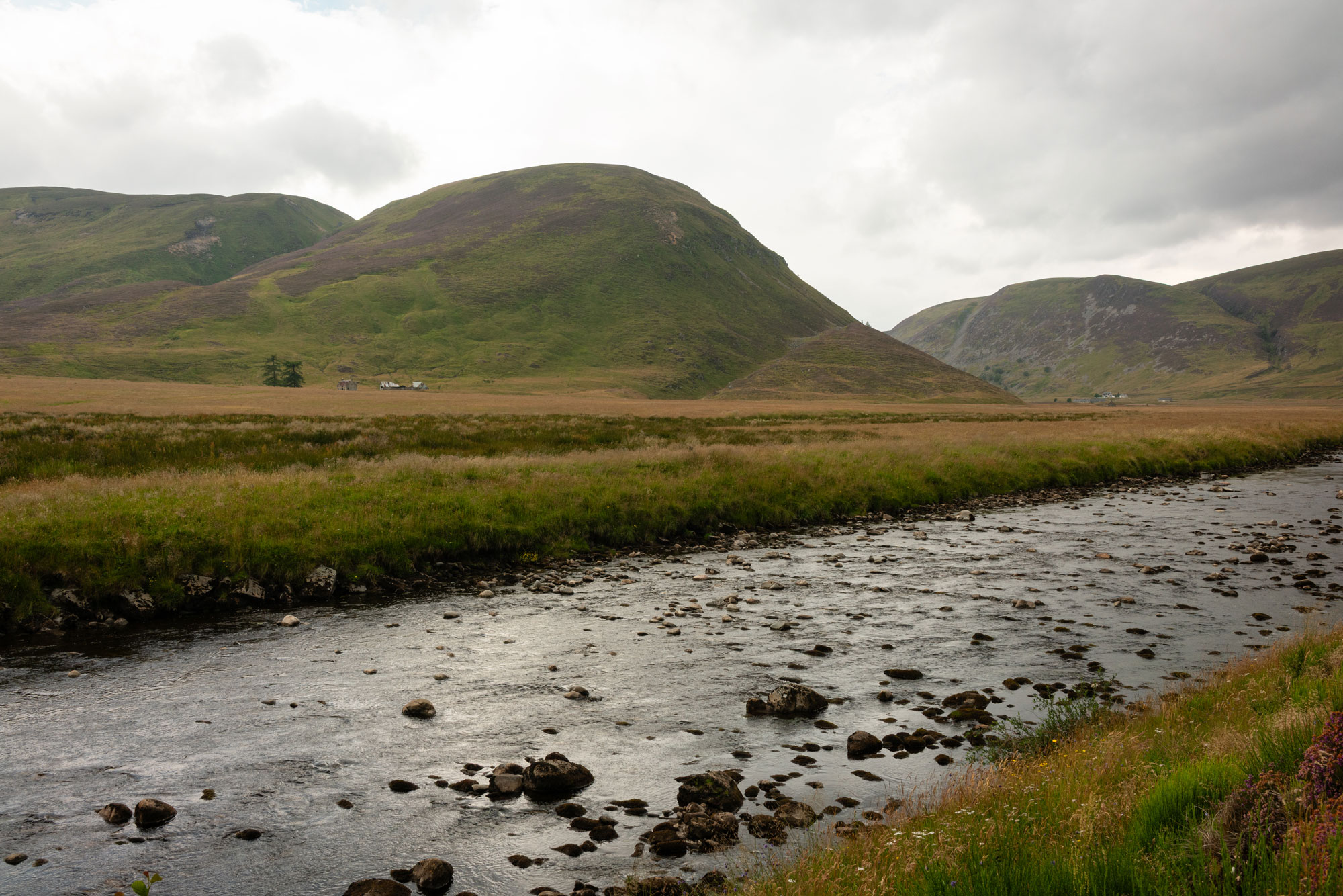 Eine ausgedehnte grüne Berglandschaft mit einem Bach, der hindurchfließt. Der Himmel ist grau und bewölkt.
