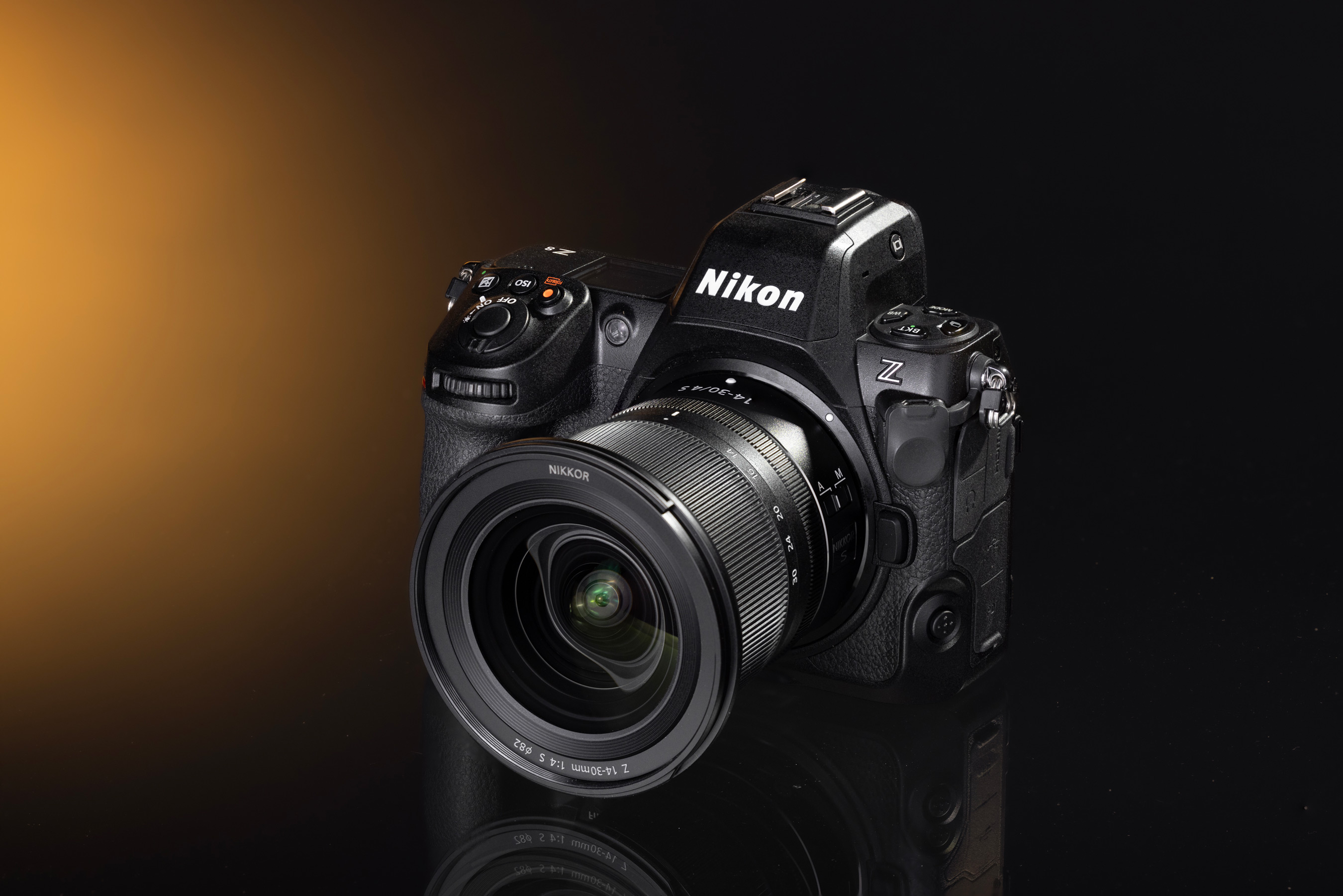 Photo of a used Nikon Z8 full-frame mirrorless camera from MPB with a Nikkor Z 14-30 f/4 lens on a dark background.