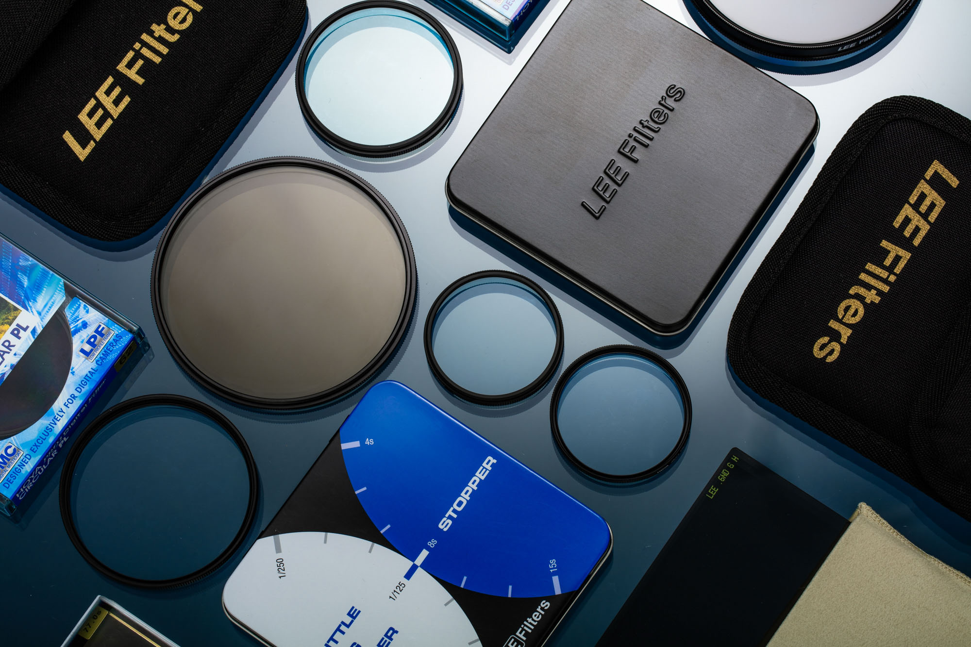 
A flat lay of different lens filters


