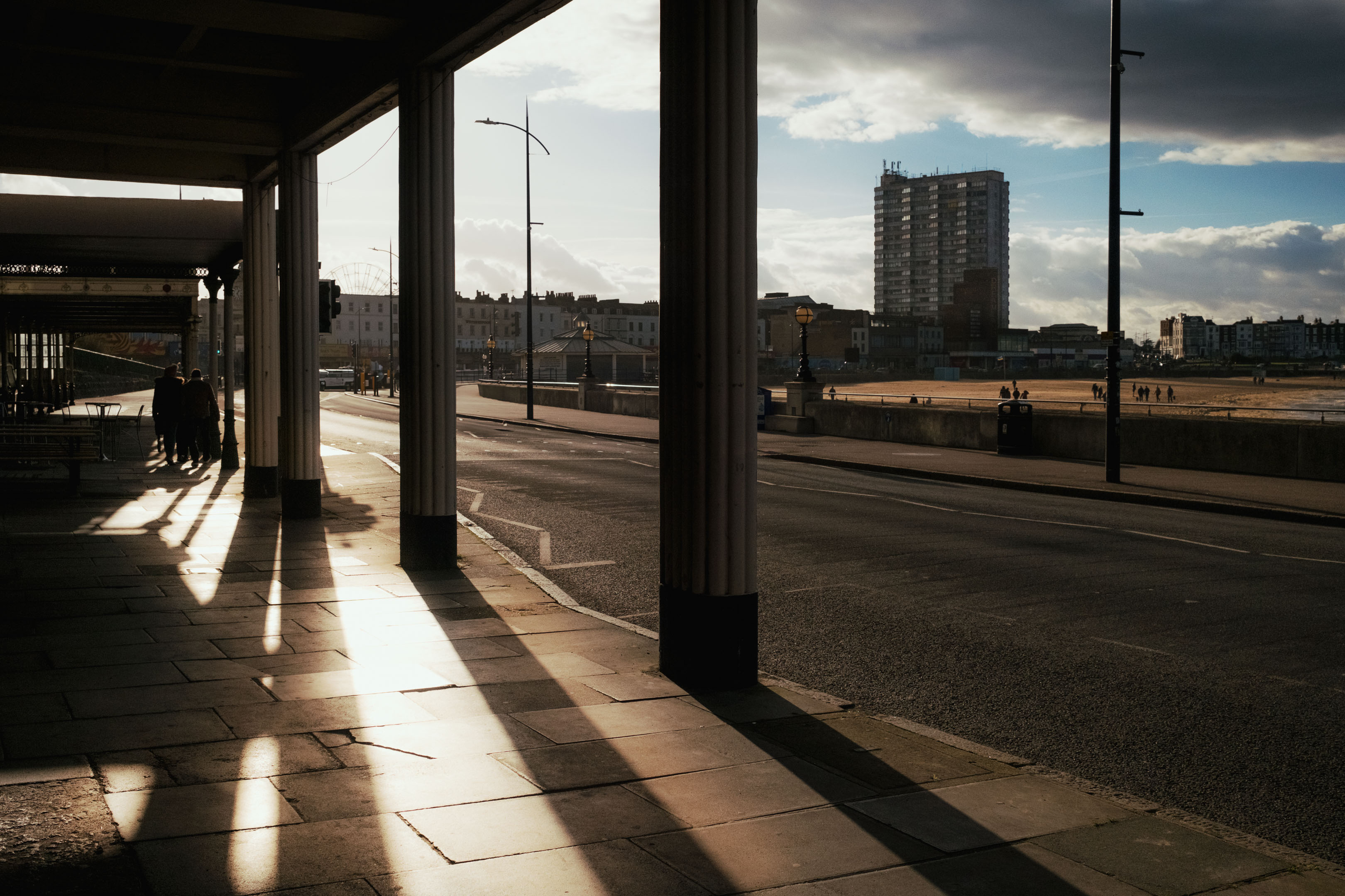 A high-contrast street scene in Margate with the famous Arlington Tower in the background. Taken on the Fujifilm X100VI by Connor Redmond.