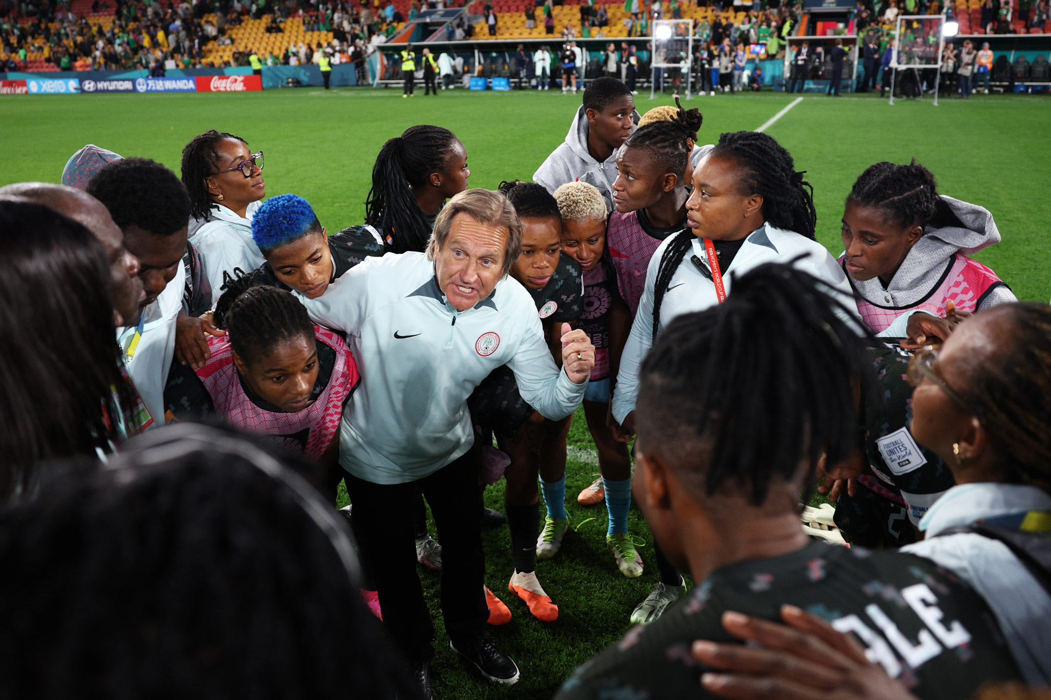 Randy Waldrum, Head Coach of Nigeria and former American soccer player, speaks to the Nigerian team during FIFA Women's World Cup Australia & New Zealand 2023. Photo by Elsa Garrison on a Canon EOS R3.