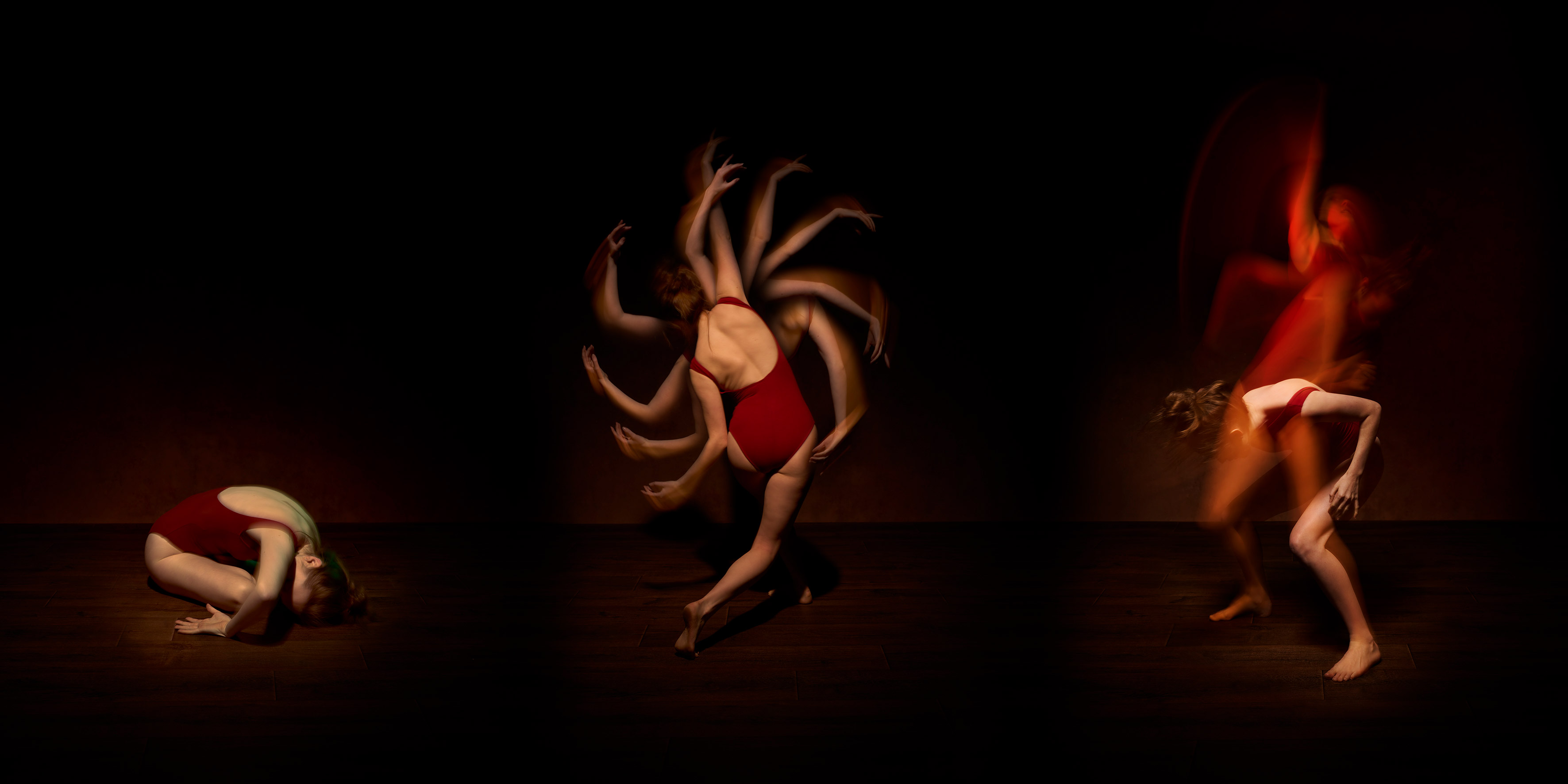 A triple exposure of a dancer wearing red posing in three different positions against a black background, photo by Lorna Allen with a Sony A7 IV
