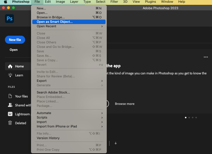 Screenshot of Photoshop, with the ‘File’ tab open and ‘Open as Smart Object’ highlighted in blue