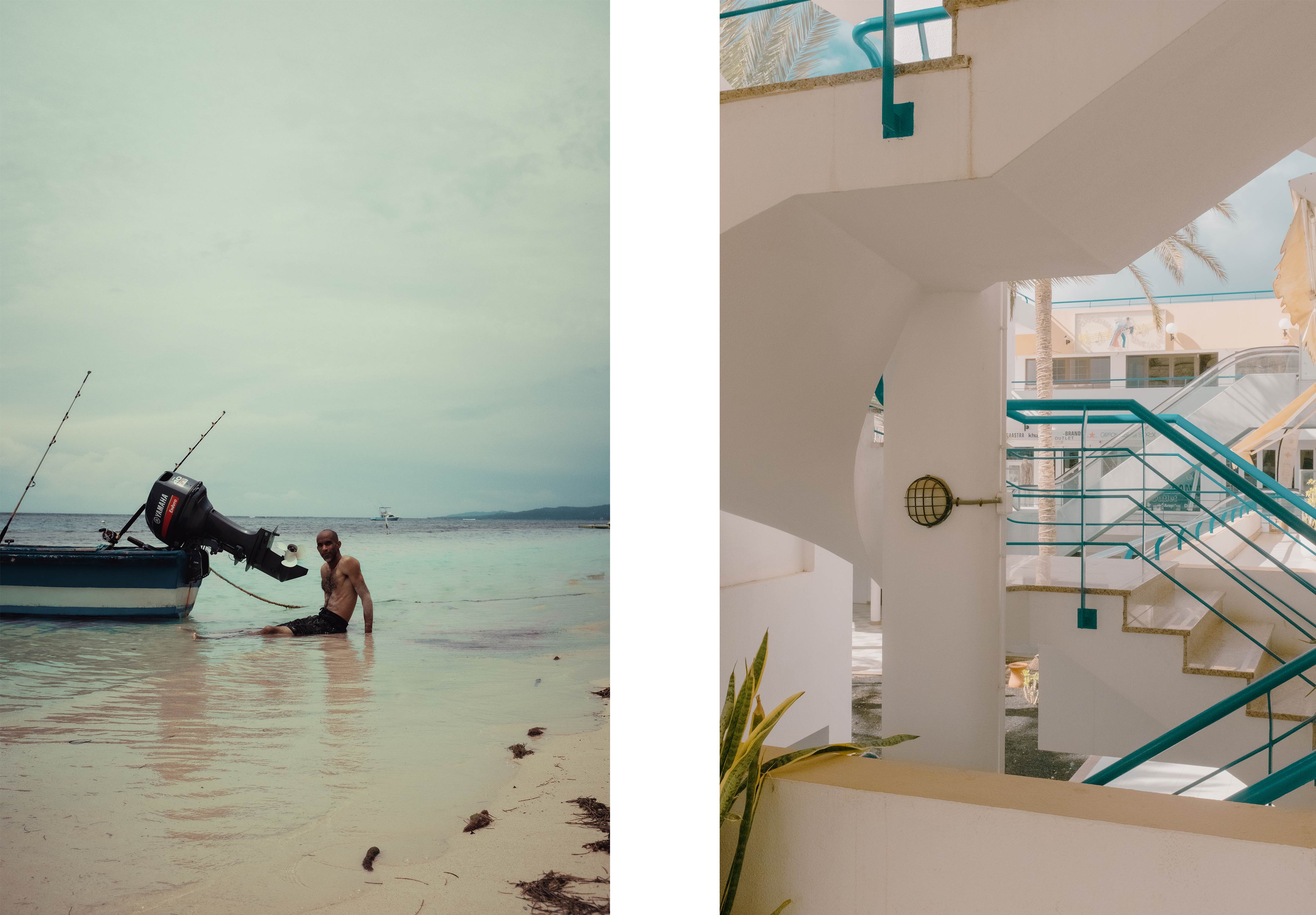 Links: Bild einer Person, die am Strand neben einem Boot im Wasser sitzt. Rechts: Bild einer Treppe in Spanien.