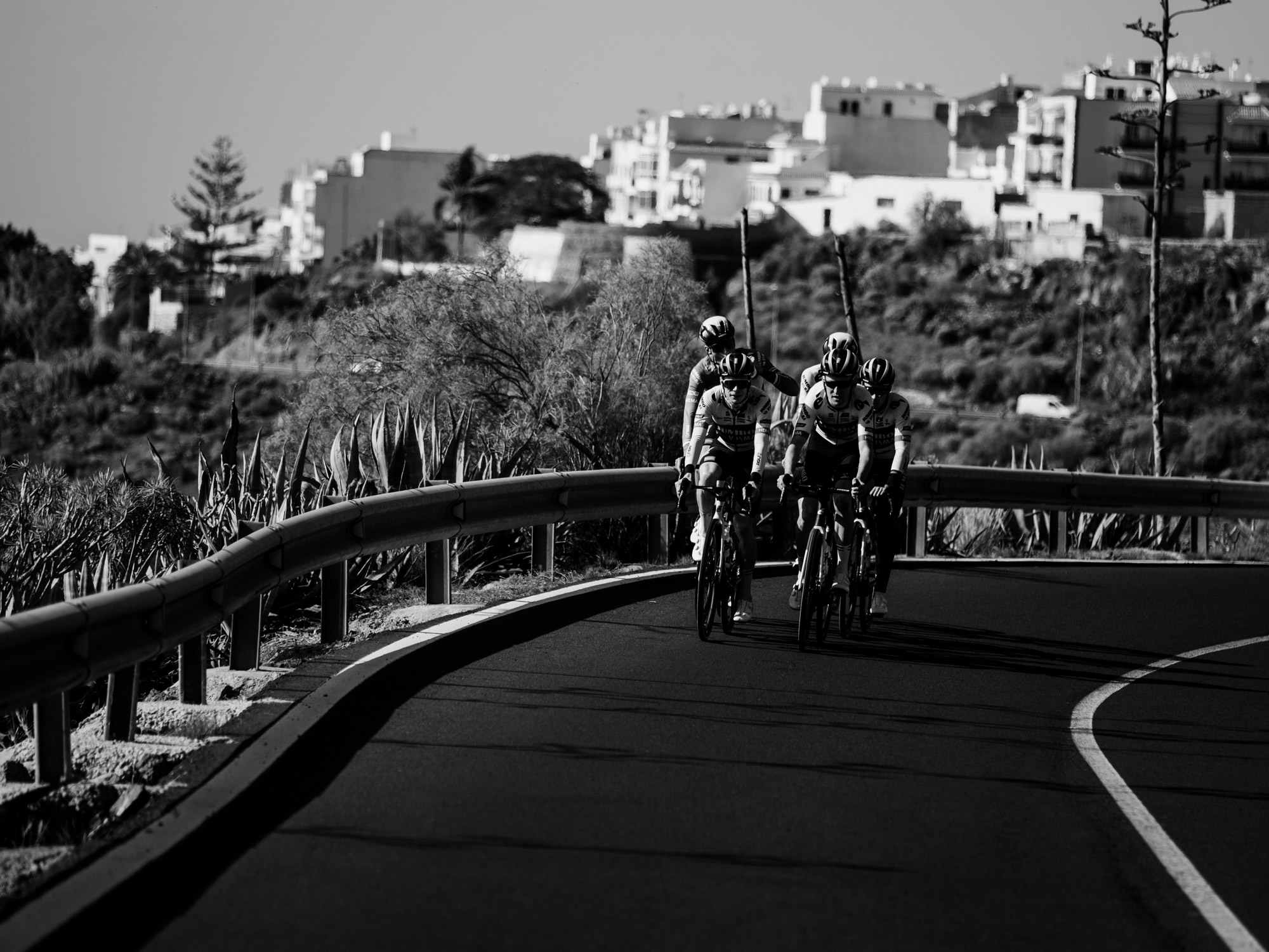 Un groupe de coureurs cyclistes roule sur une route asphaltée bordée de cactus dans une image en noir et blanc. Photo : Dan King, réalisée avec un Fujifilm X-Pro 3.