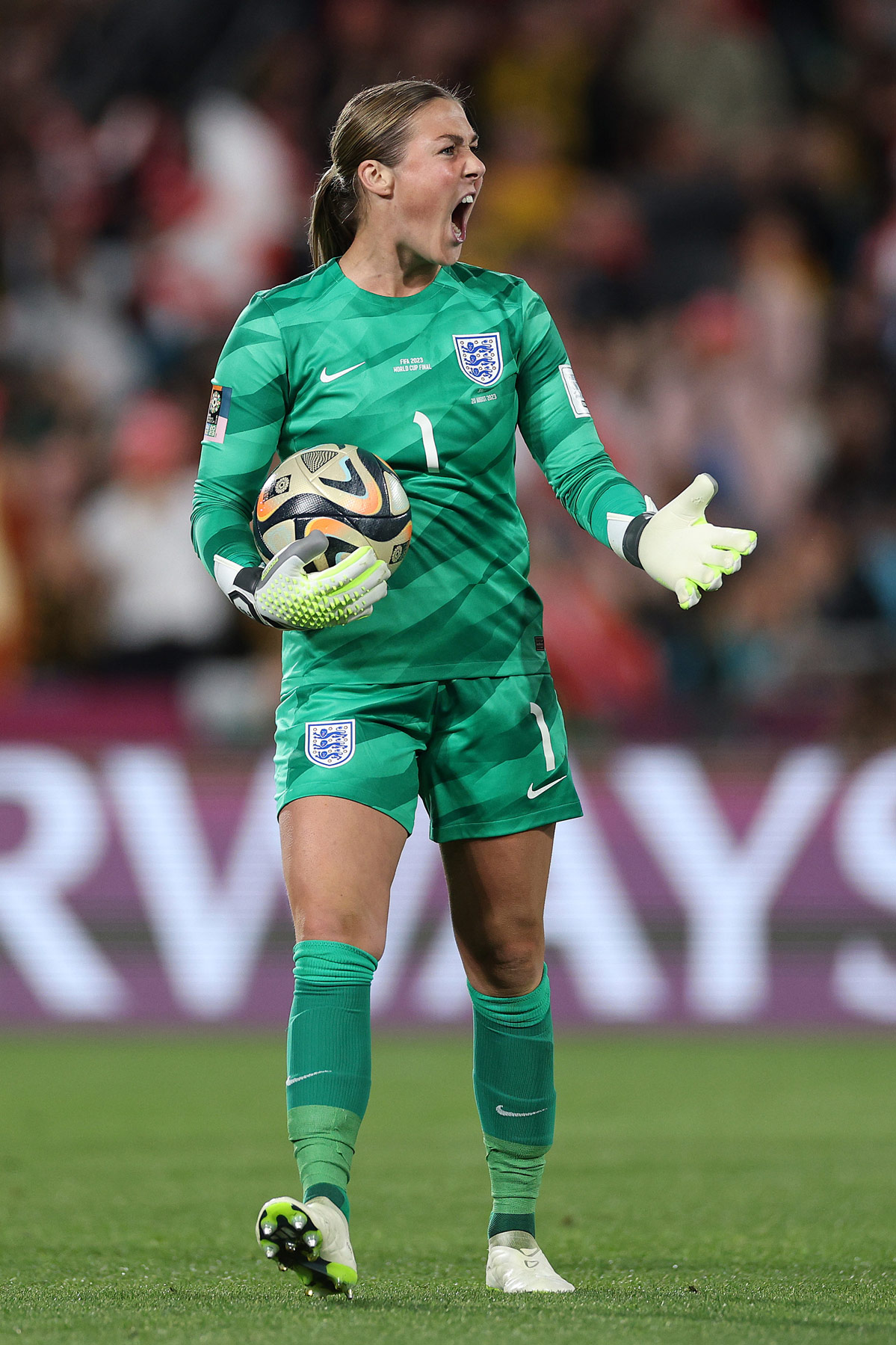 Mary Earps of England reacts after saving a penalty shot taken by Jennifer Hermoso of Spain during the 2023 FIFA Women’s World Cup Final match between Spain and England. Photo by Elsa Garrison on a Canon EOS R3.