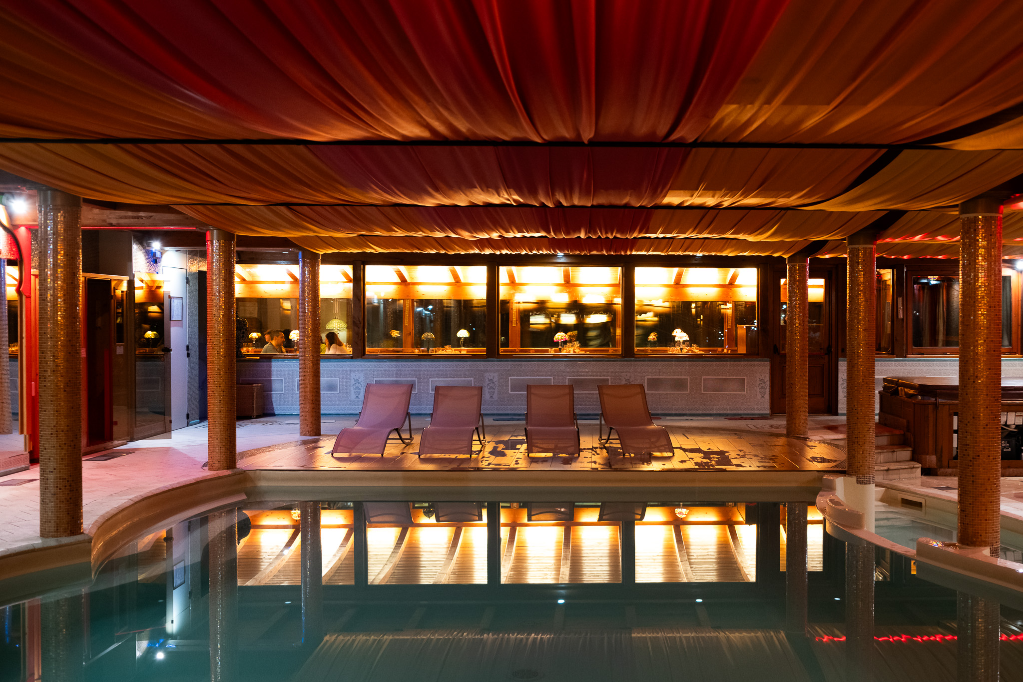 An indoor pool and spa room in a Ski resort. Taken on the Fujifilm X100VI by Amy Moore.