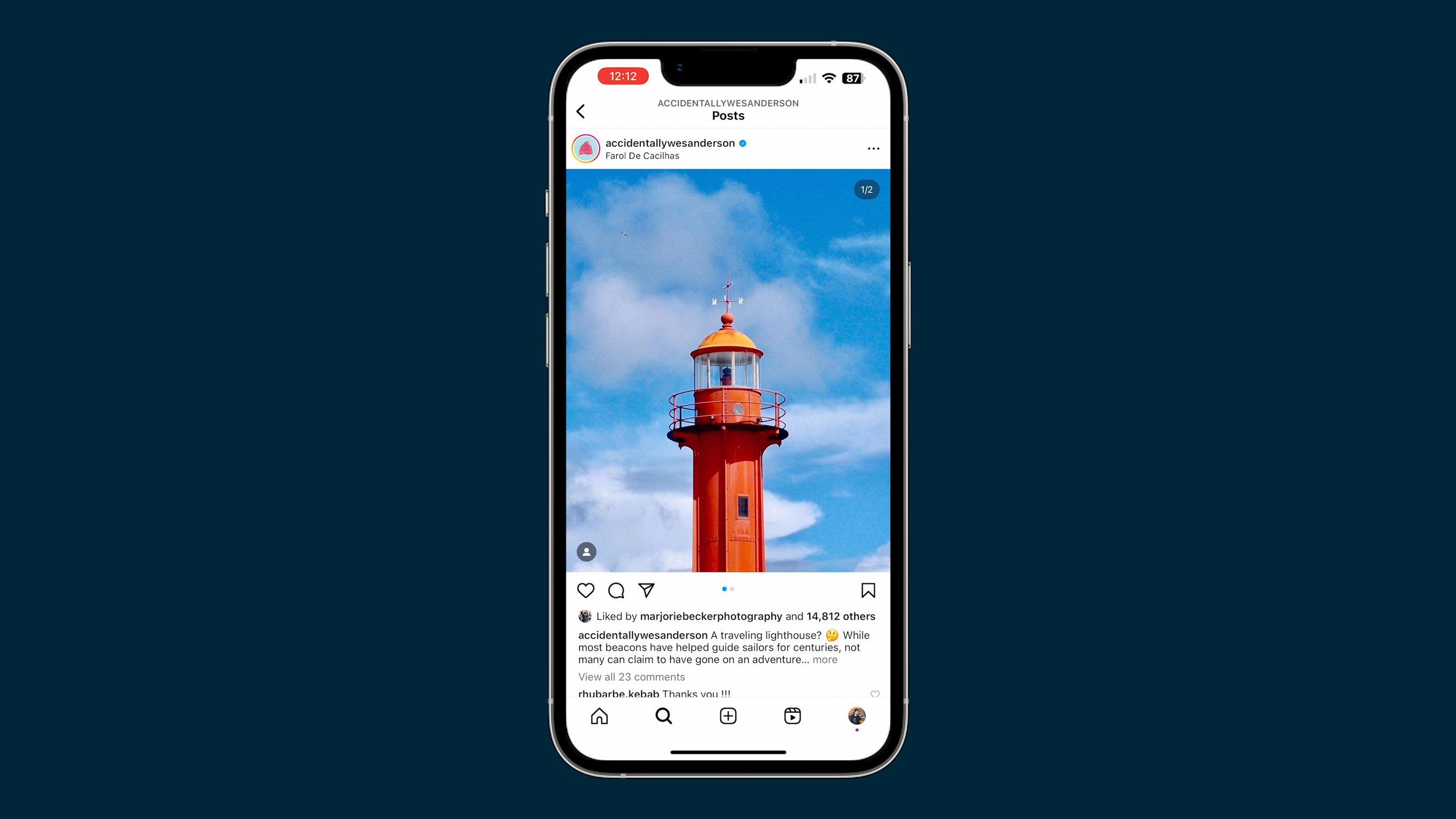 A photo of a lighthouse from the Accidentally Wes Anderson Instagram account.