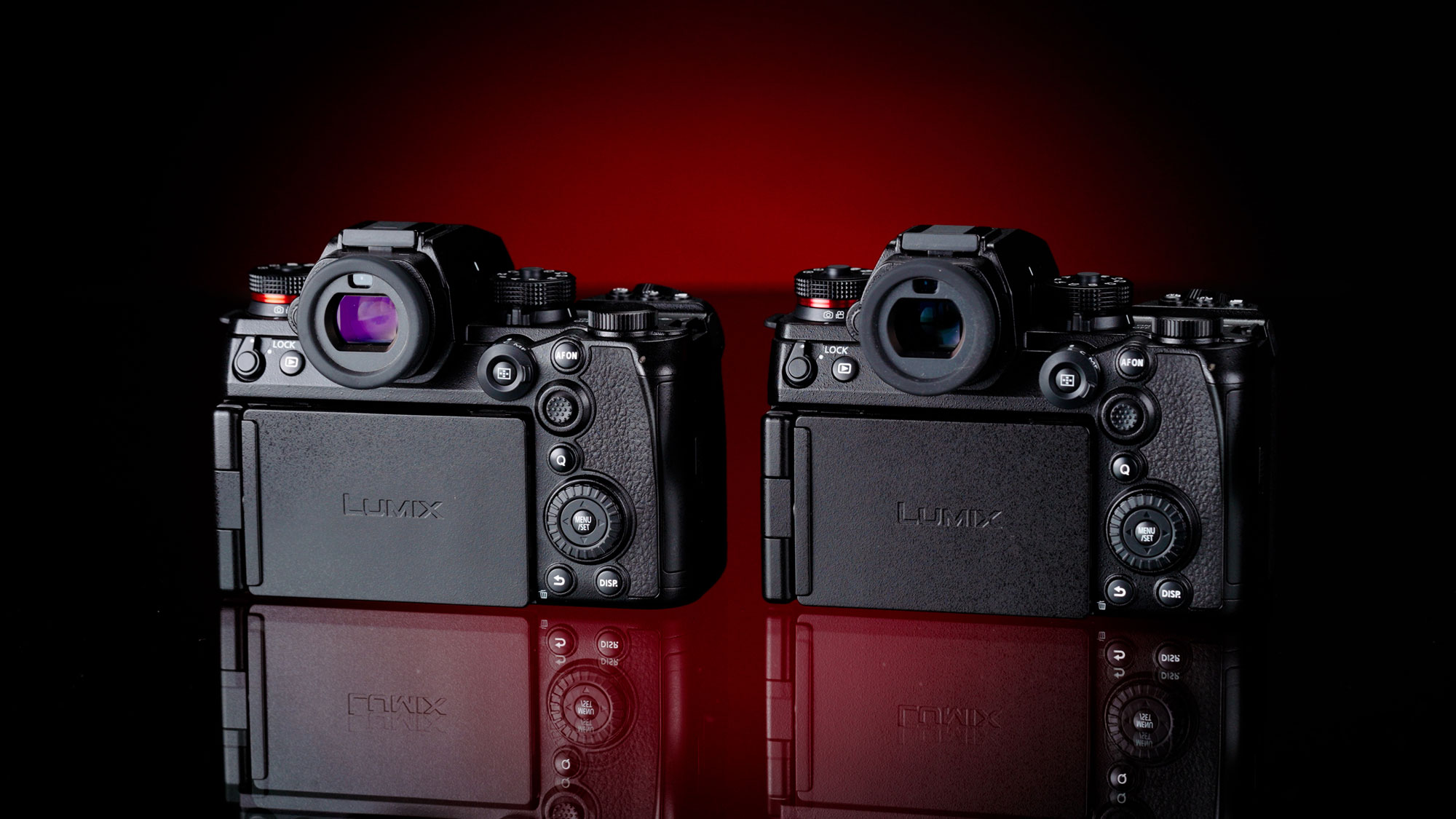 The backs of a Panasonic  S1R II and an S1 II side by side. The dials and the articulating screen can be seen in full detail.
