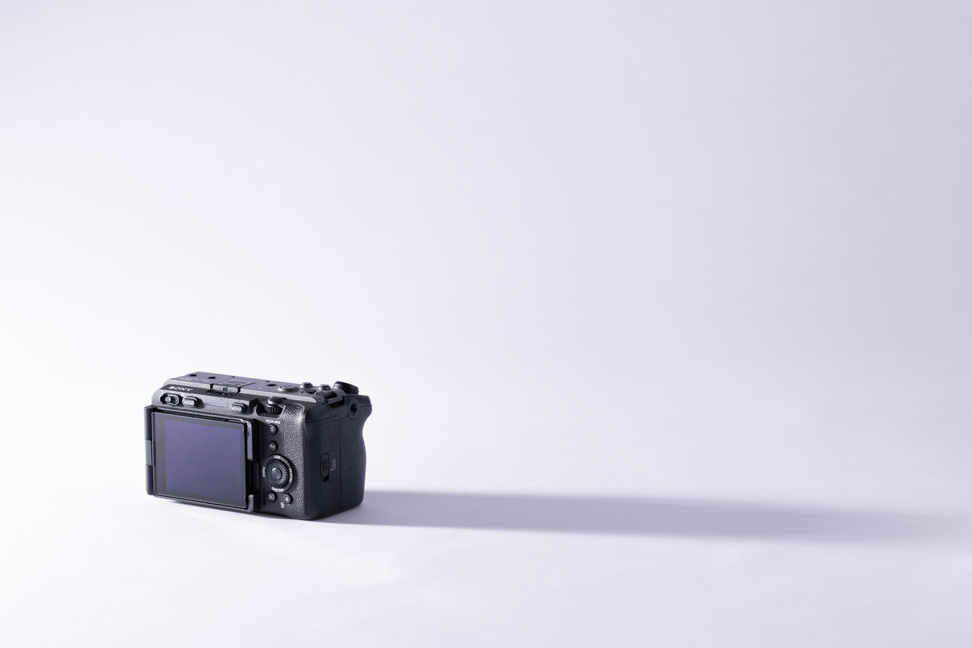 The back of the Sony FX30 with its fully articulating screen and customisable buttons.