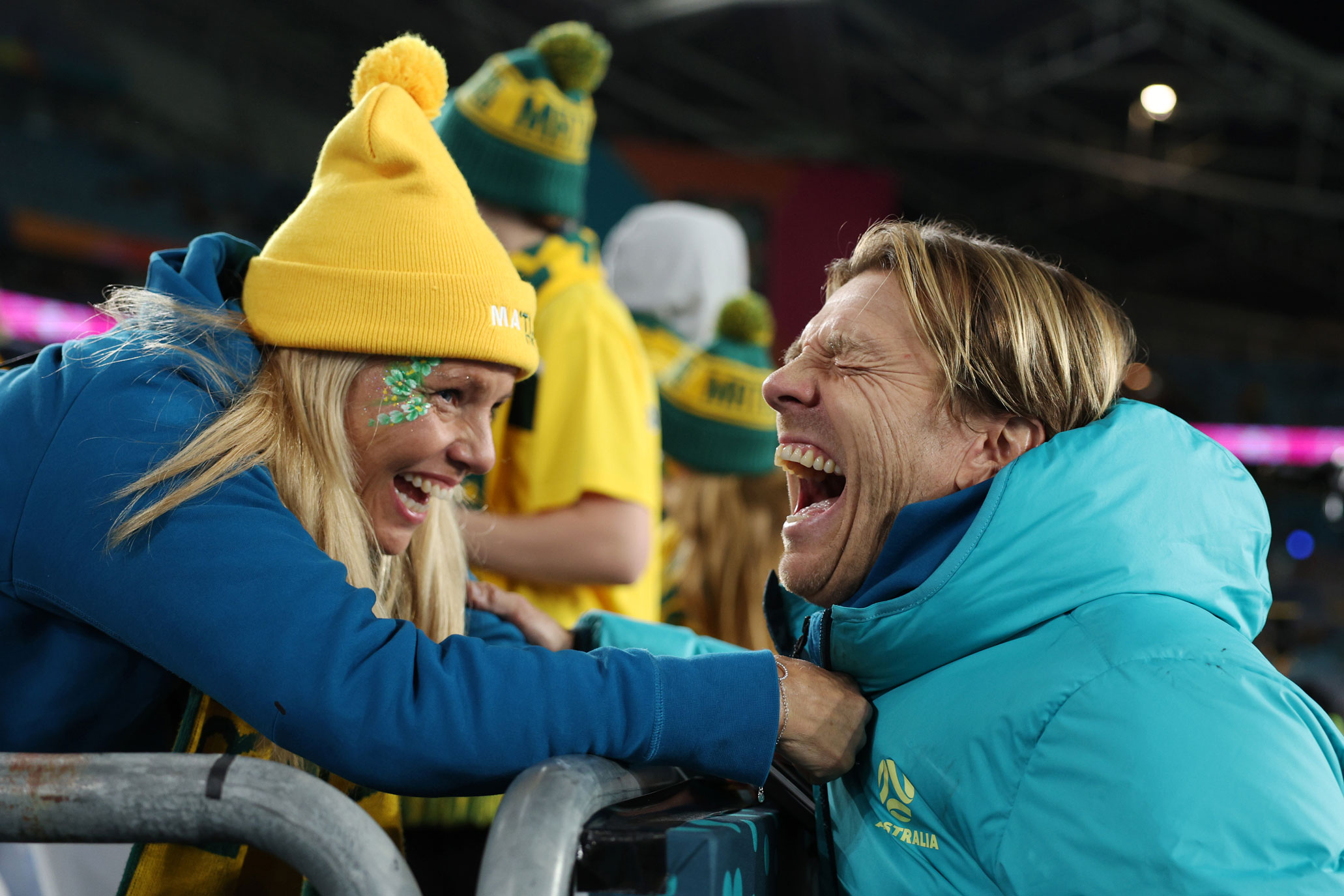 Australian football fans laugh during Women’s World Cup semifinal match between Australia and England. Photo by Elsa Garrison on a Canon EOS R3.