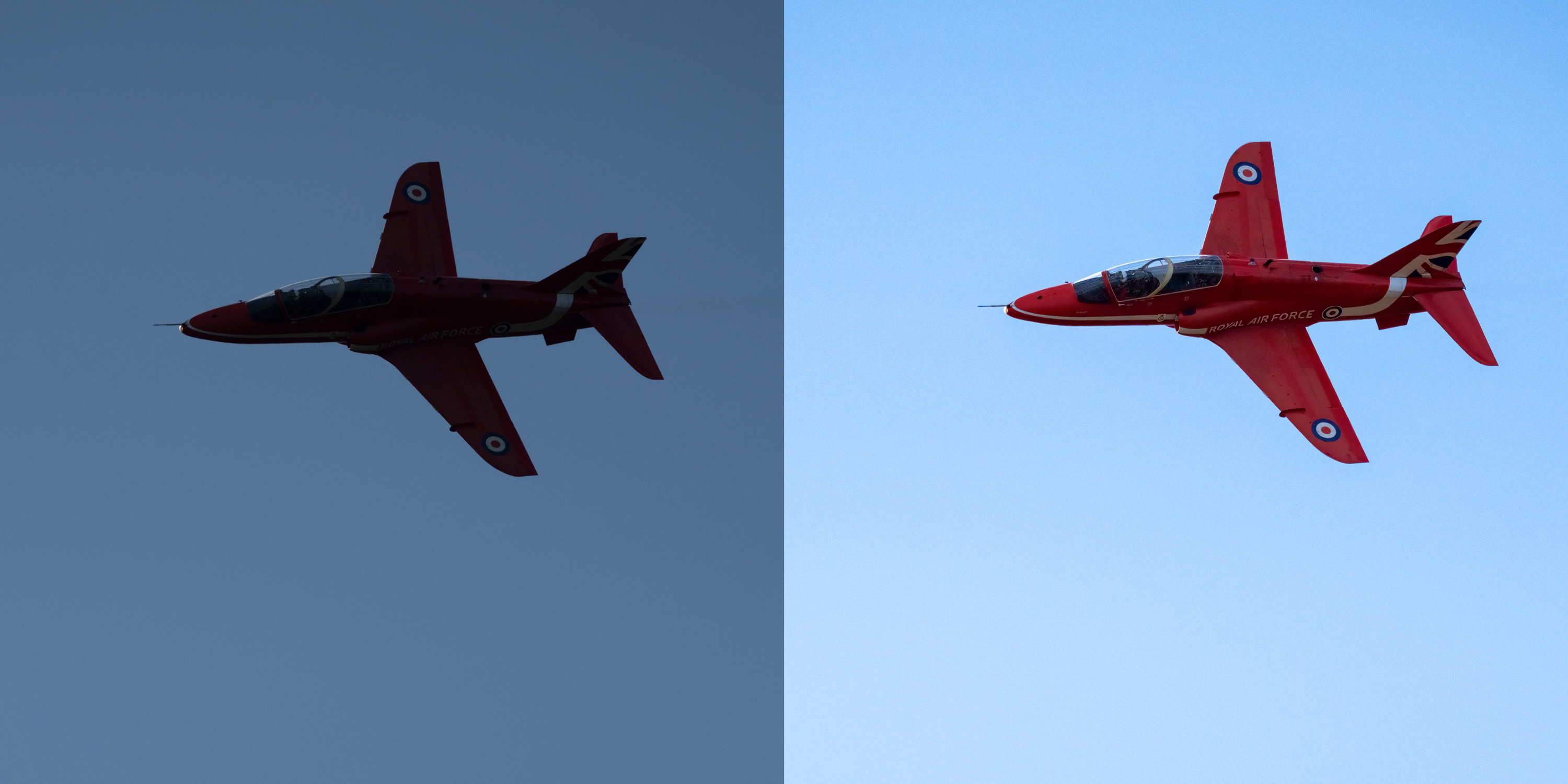 British RAF Red Arrow split screen in flight at the Eastbourne International Airshow