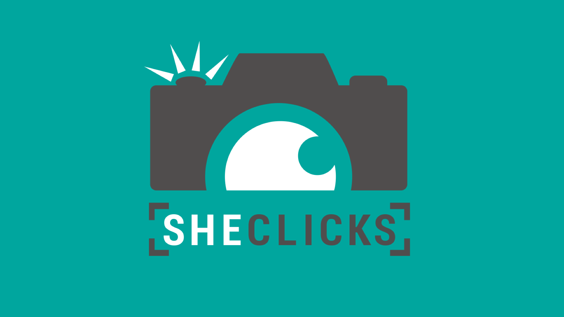SheClicks logo on a blue-green background