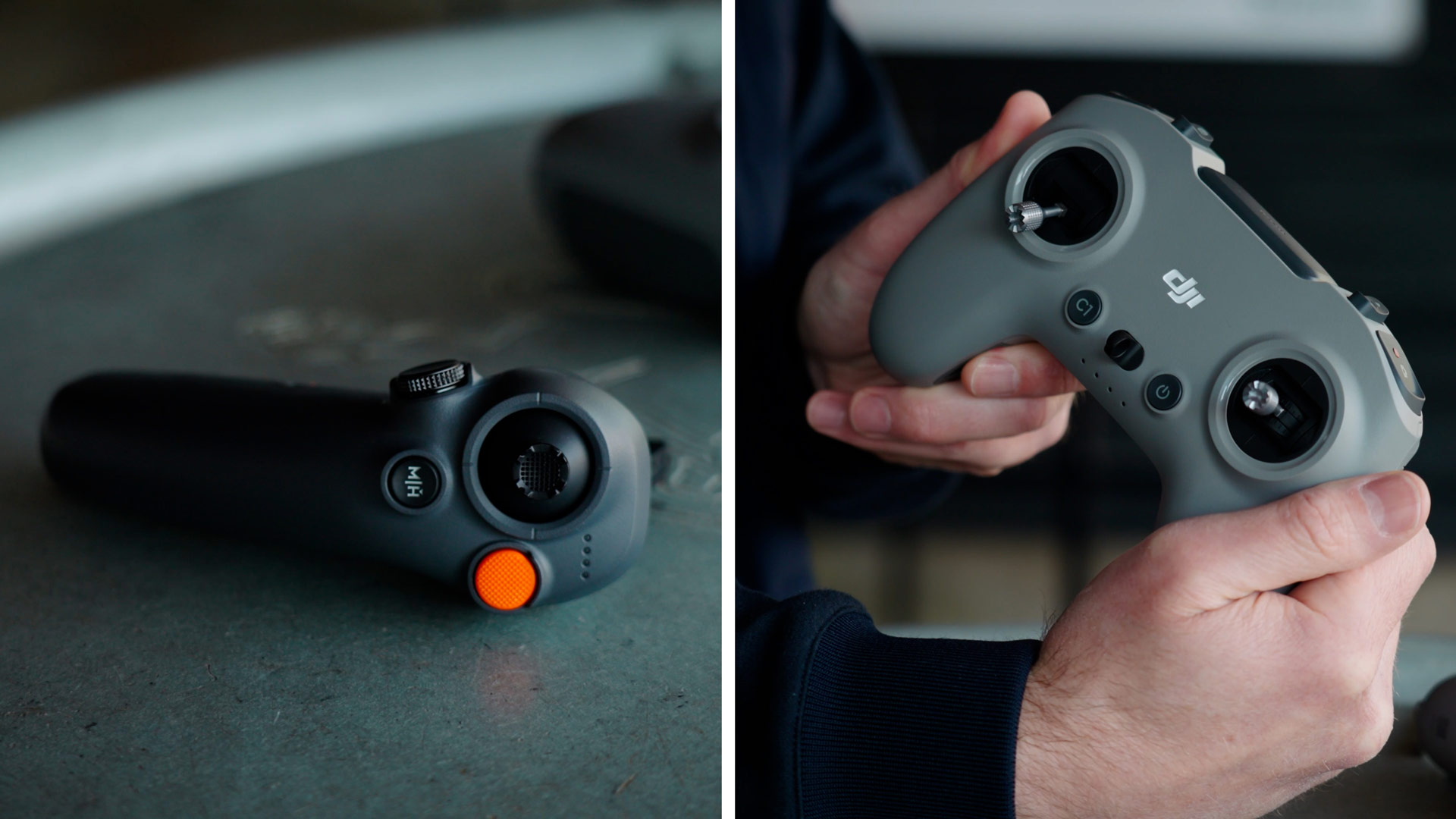 Image de comparaison en écran partagé entre les contrôleurs DJI RC Motion 3 et DJI FPV Remote Controller 3 pour les drones DJI Avata 2.