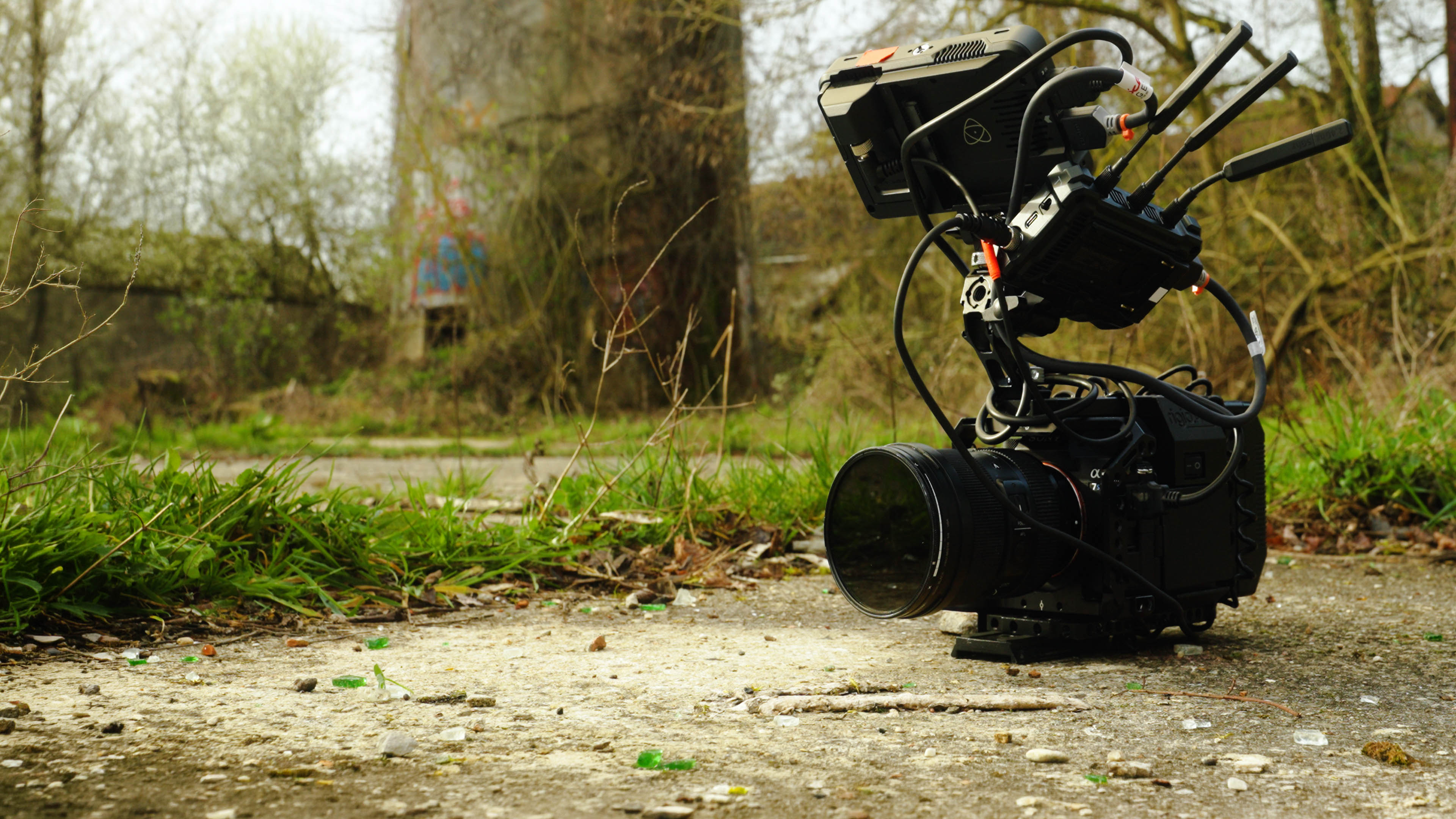 A Sony camera rig with an external monitor and wireless equipment sits on the ground at an overgrown outdoor filming location.